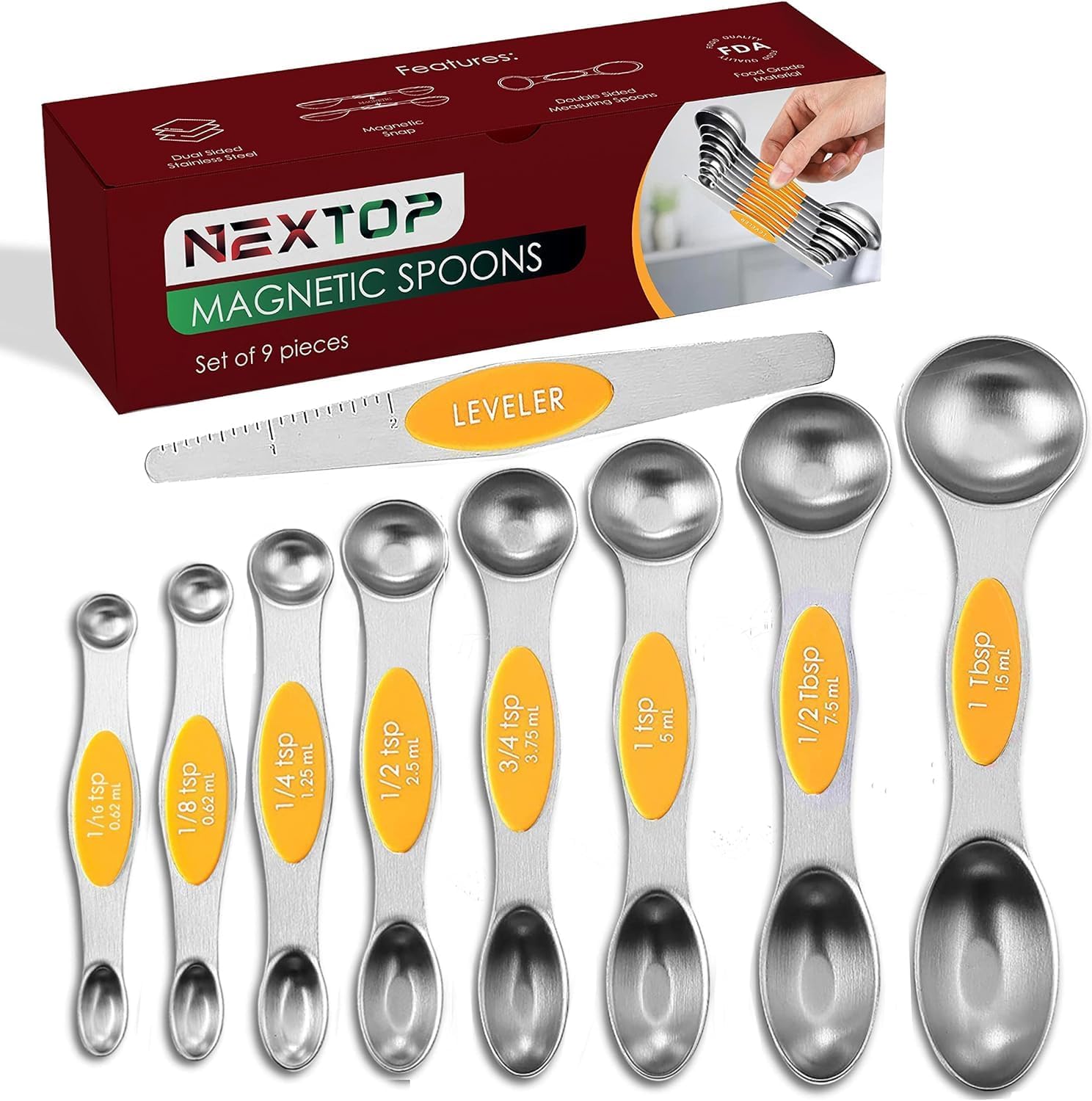 Magnetic Measuring Spoons Set of 9 Stainless Steel Dual-Sided Stackable Measuring Spoon Nesting Teaspoons Measuring Dry and Liquid Ingredients, Fits in Spice Jars Set of 9 (Orange)
