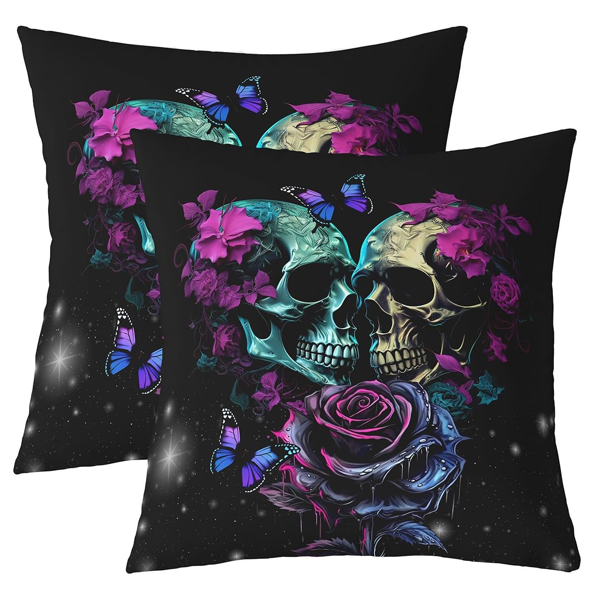 Richhome Multi 04 Floral Skull Pillow Covers Set Of 2,Romantic Valentine's Day Decor Gothic Roses Butterfly Throw Cushion Covers 18"X18",Vintage Dark Night Starry Sky Cushion Cases For Couch And Bed