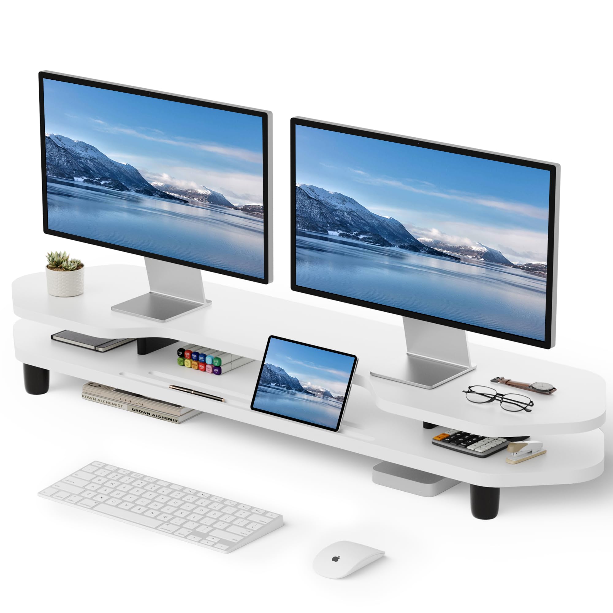 AFOOYO 2 Tier Dual Monitor Stand Riser,Wider Board Computer Monitor Stand for 2 Monitors,Slot For Phone/Tablet Office Desktop Organizer for Laptop,PC,