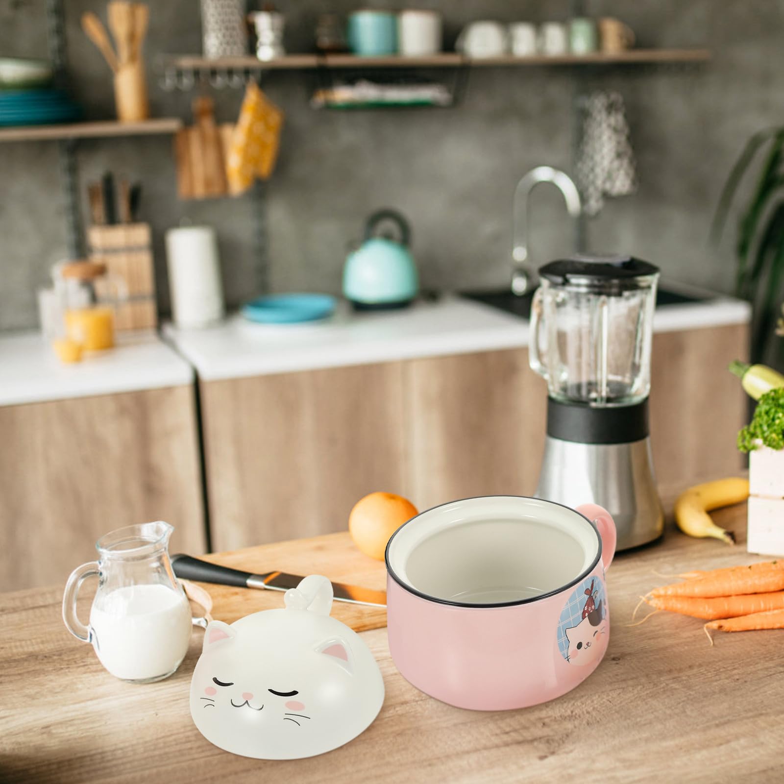 Katzenmotiv Ramen Schüssel mit Deckel, 1020ml, 1 Satz, Keramik | Edelstahl Element, Rosa Ausführung, Leicht zu Reinigen, Vielseitig Nutzbar, für Einzugsgeschenke