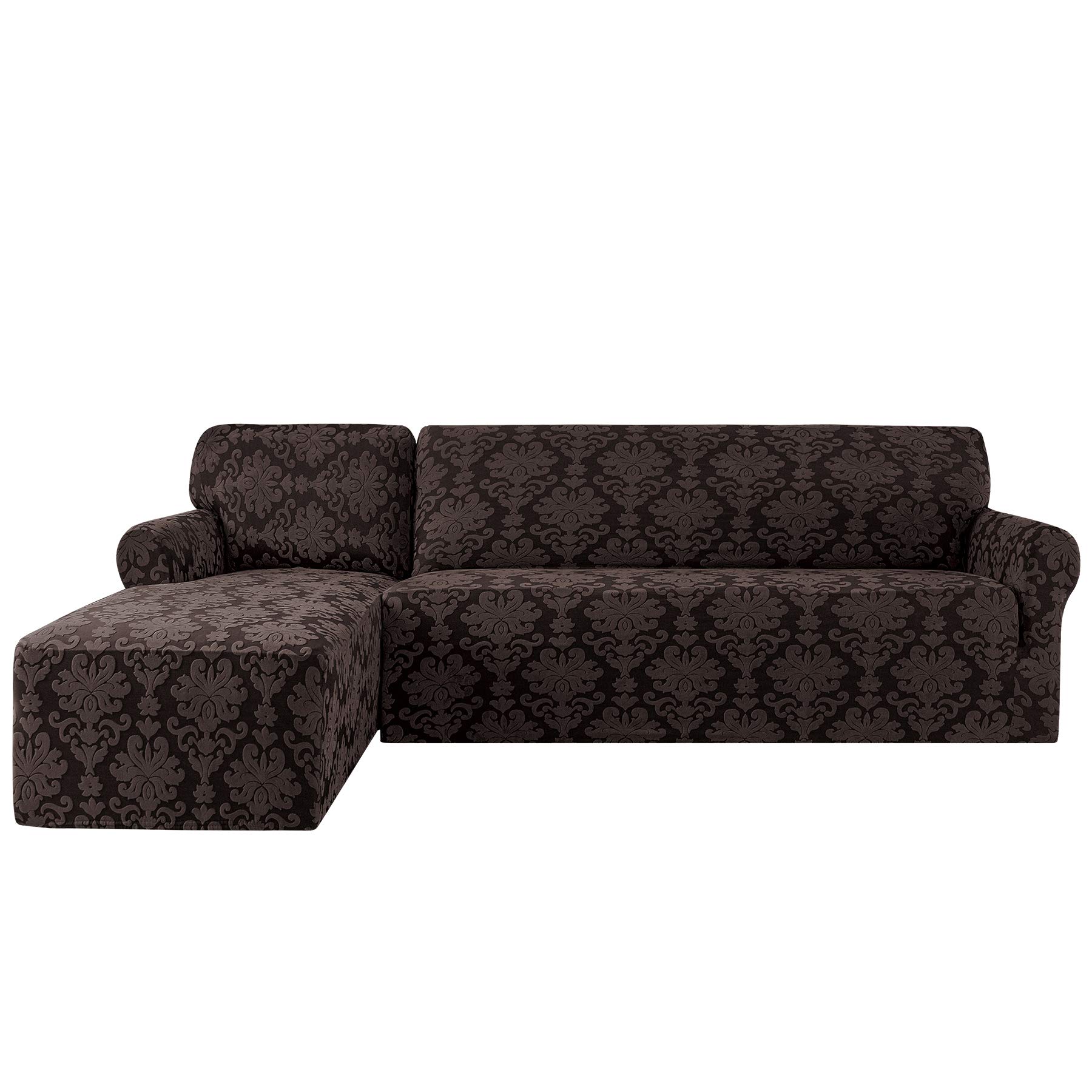 Chun Yi Chocolate Floral L-Shaped Sofa Cover Couch Covers Jacquard Polyester Stretch Fabric Sectional Sofa Slipcovers Corner Sofa Cover (Left Chaise, Brown)