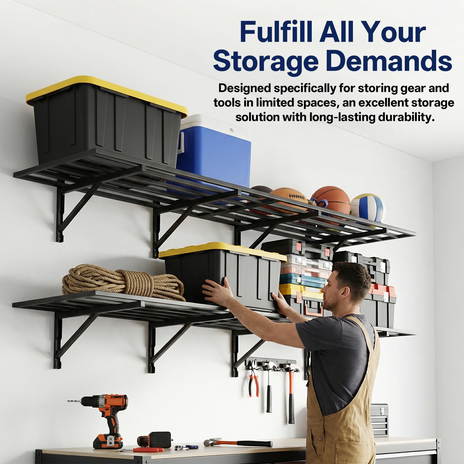Noliven 4 Pack 2 x 3ft Garage Shelving Wall Mounted, 1600lbs Load Capacity, Adjustable PowerTool Organizer, Heavy Duty Storage Rack, Ideal for Warehouse, Garage, Black - 4
