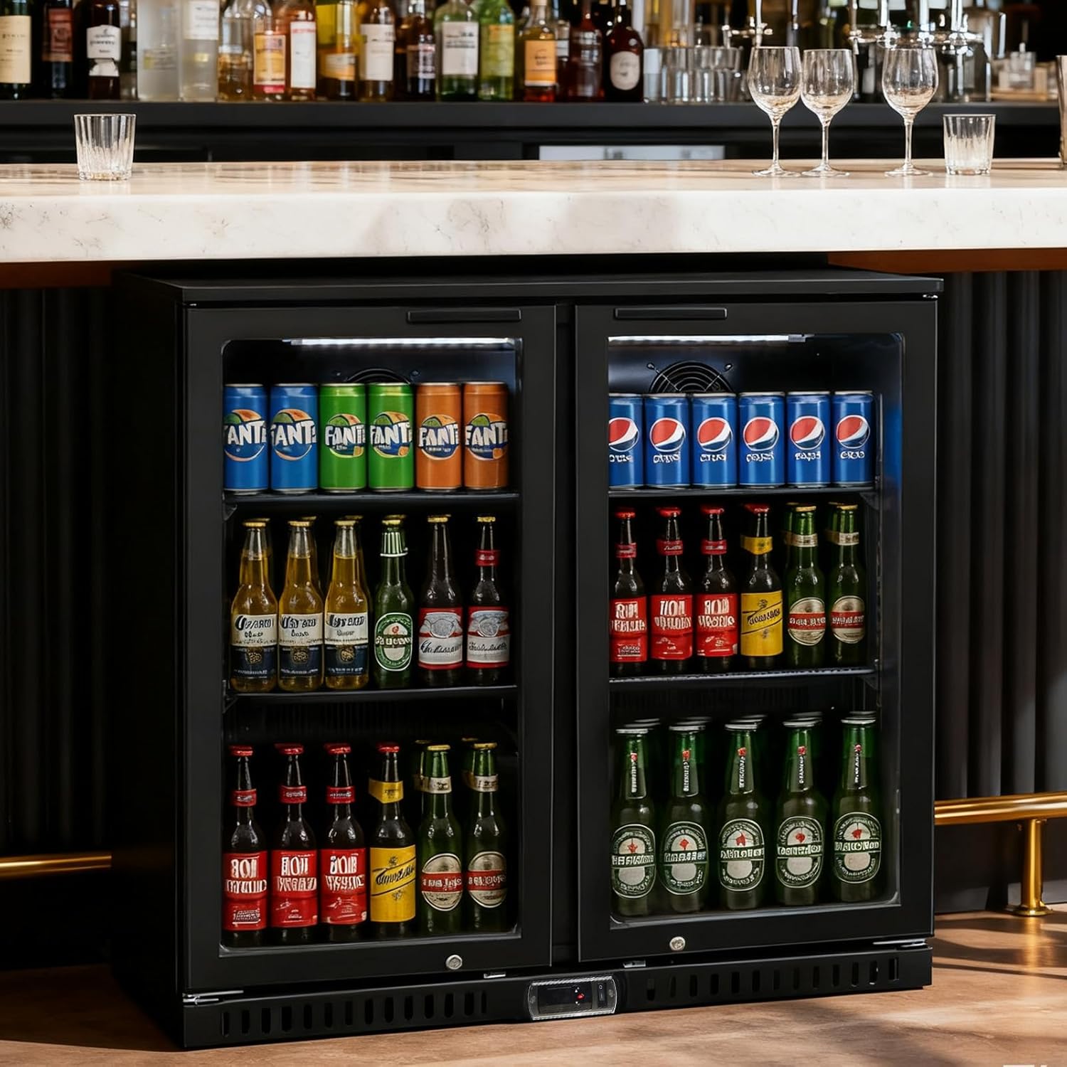 Commercial Back Bar Cooler with 2 Glass Doors, 7.4 cu.ft Under Counter Beverage Refrigerator, LED Lighting - ETL Certified Beer and Wine Cooler for Bar, Restaurant, Garage, Office, Home
