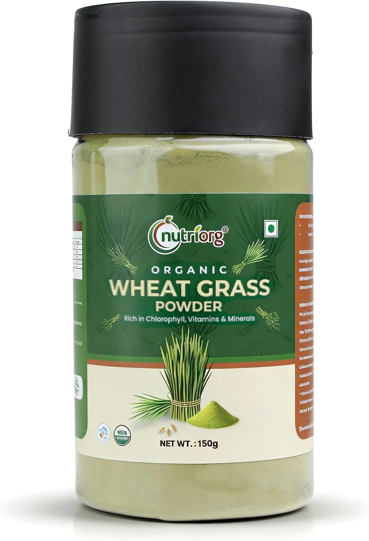 nutriorg Organic Wheat Grass Powder 75g | 100% Whole-Leaf Wheat Grass Powder for Energy, Detox & Immunity Support, Chlorophyll Providing Greens