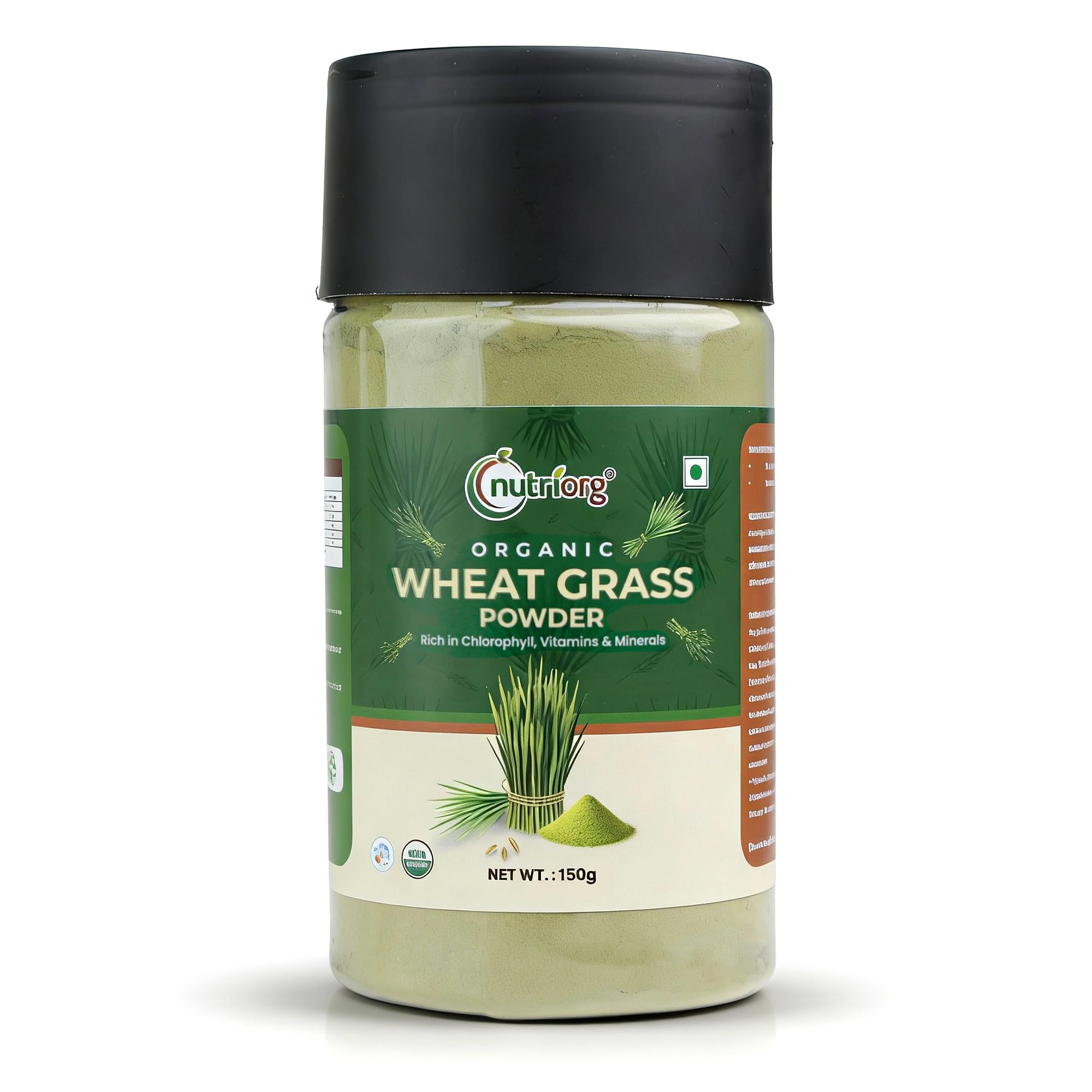 nutriorg Organic Wheat Grass Powder 75g | 100% Whole-Leaf Wheat Grass Powder for Energy, Detox & Immunity Support, Chlorophyll Providing Greens