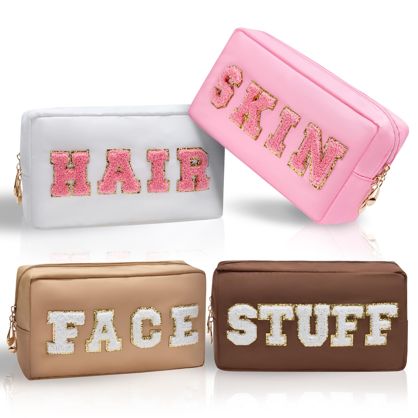 Burskit Preppy Makeup Bags Stoney Clover 4 Pcs Travel Organizer Patch Bag Large Varsity Chenille Letter Cosmetic Toiletry Preppy Stuff Cute Bags Portable Pouch Storage Purse Bag Set