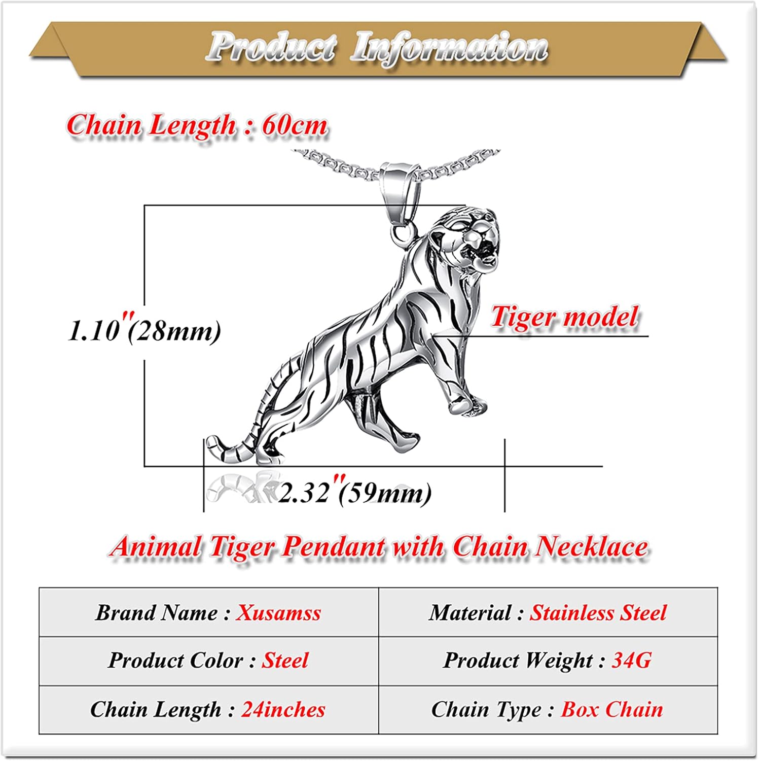 Xusamss Punk Stainless Steel Animal Tiger Pendant Necklace,24inches Square Box Chain - Image 2