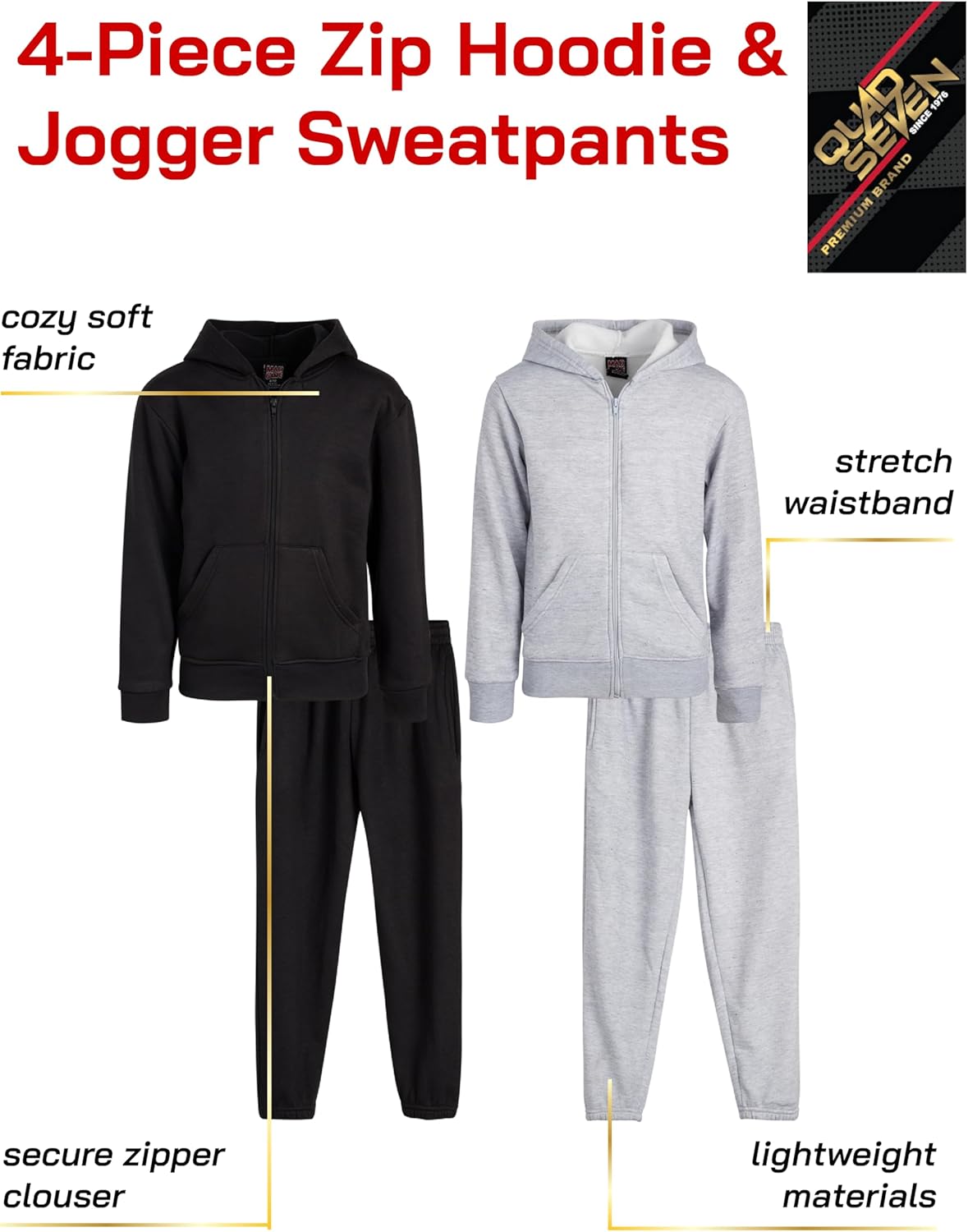 Quad Seven Boys Sweatsuit Set - 4 Piece Solid Fleece Boys Zip up Hoodie and Lightweight Jogger Sweatpants (Sizes: 5-18) - Image 2