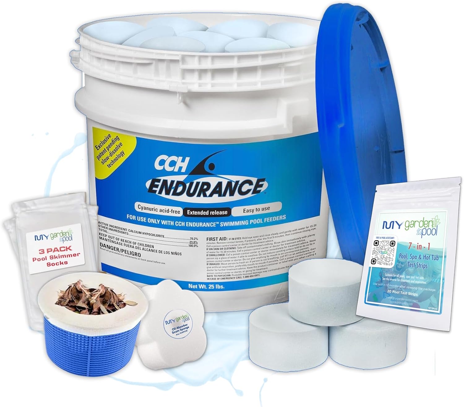 CCH Endurance 3 Inch Cal Hypo Tablets – 25 lb Calcium Hypochlorite Tabs – 23227 with My Garden Pool Scum Sponge, Scum Socks (3 ct.) and 7-in-1 Pool & Spa Test Strips (20 ct.)