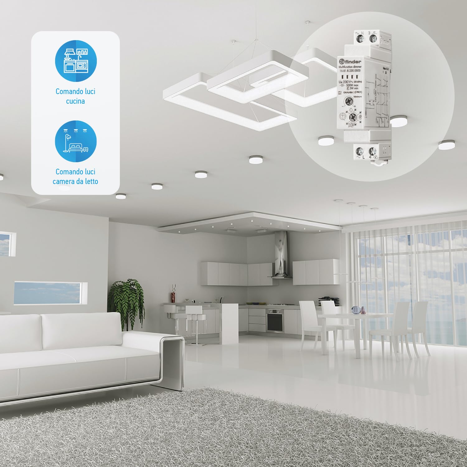 Finder Dimmer (varialuce) Elettronico Tipo 15.81 modulare. Compatibile con lampade a risparmio energetico, compatte fluorescenti dimmerabili (CFL) o LED dimmerabili