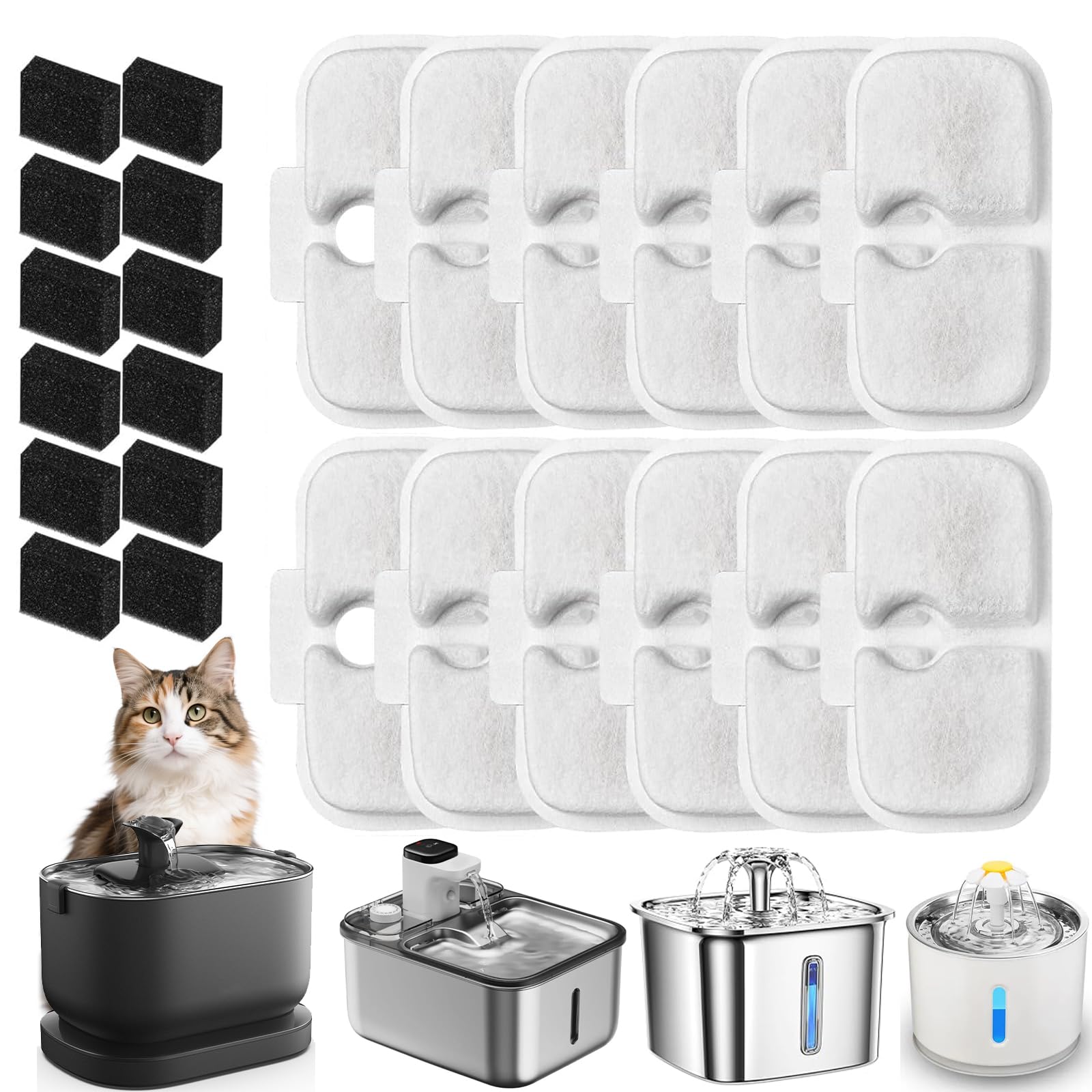12 Pack Water Fountain Filter Replacement Compatible with PLWF005 PLWF105 PLWF115 PLWF116 PLWF106, Cat Water Fountain Filters, 8 Month Supply, Easy to Install, for Indoor Cats Daily Hydration