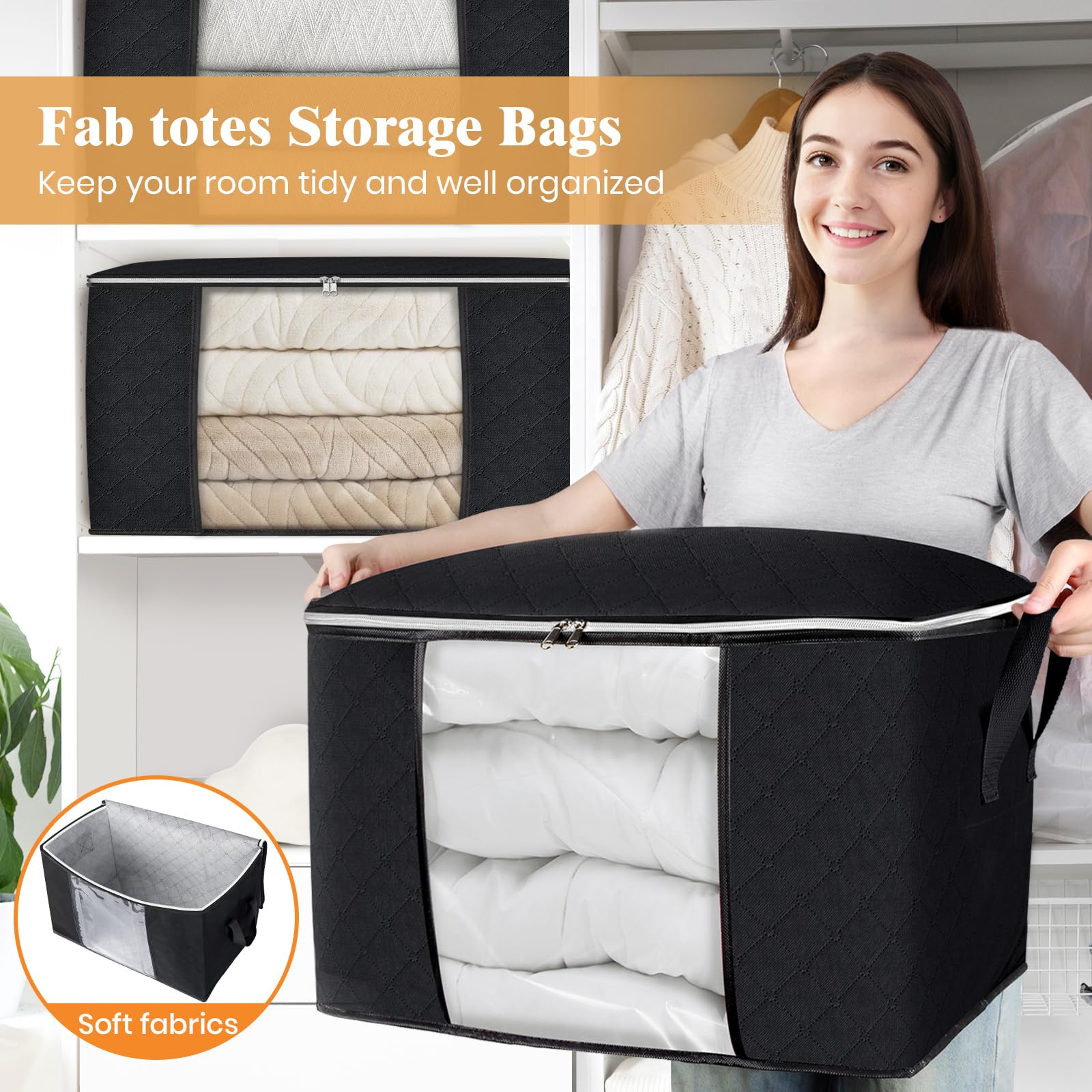 Fab totes Almacenamiento de ropa de 90 L, bolsas plegables de tela gruesa para almacenamiento de mantas, contenedores para organizar dormitorio, armario, ropa, edredón, organización con asa (paquete