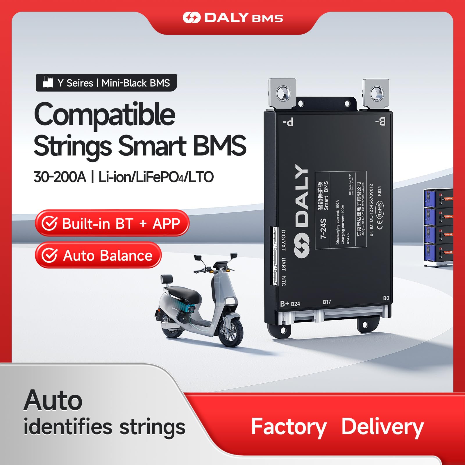 DALY BMS 60A 7S-17S 24V-60V - Monitoraggio Bluetooth integrato intelligente Protezione della batteria al litio LiFePO4 Li-ion LTO per e-bike e scooter