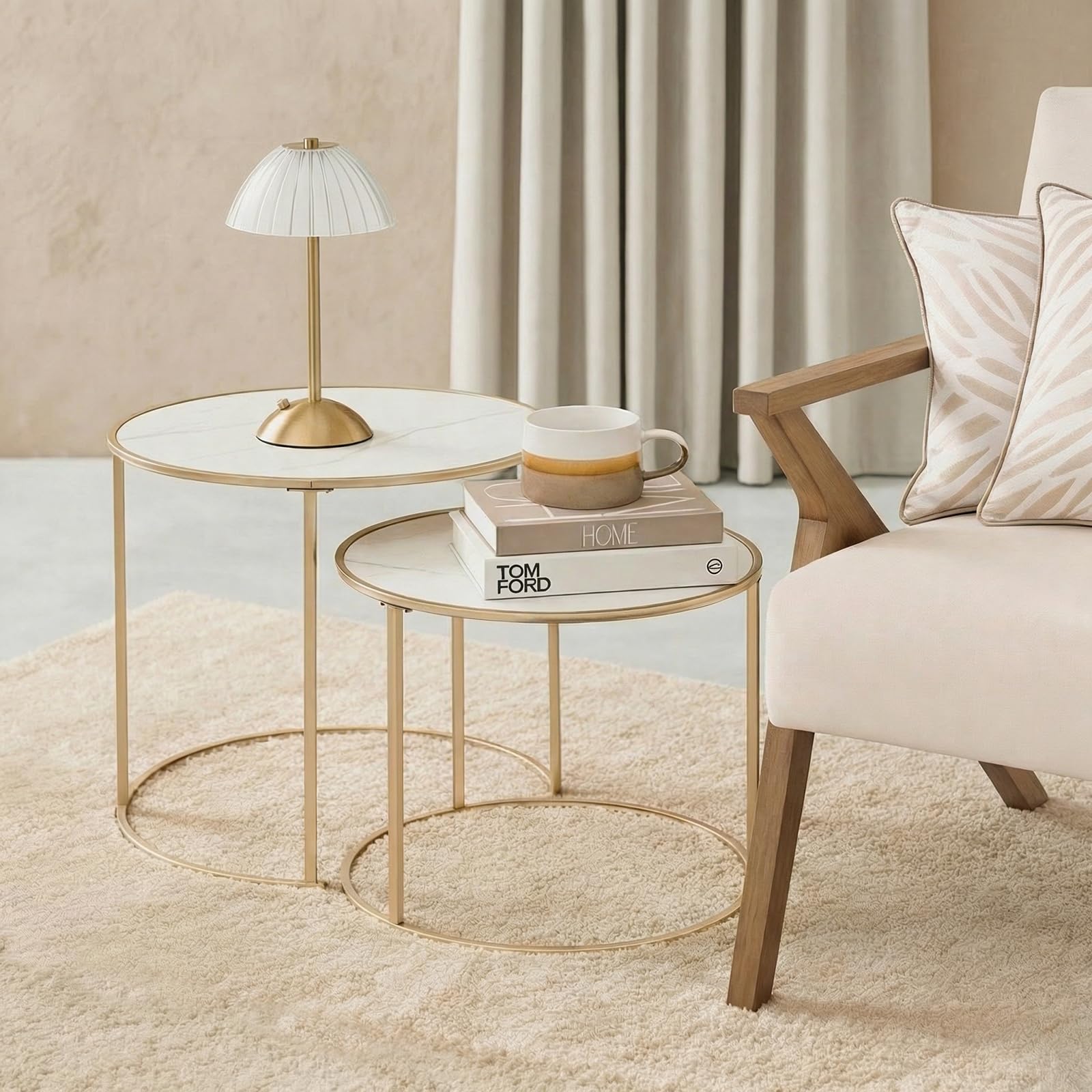 OHS Marble Nest of Tables Set of 2, Stacking Side Tables Living Room Stylish Decorative Coffee Table Sturdy Metal Frame Easy Assembly Round End Table, White/Gold