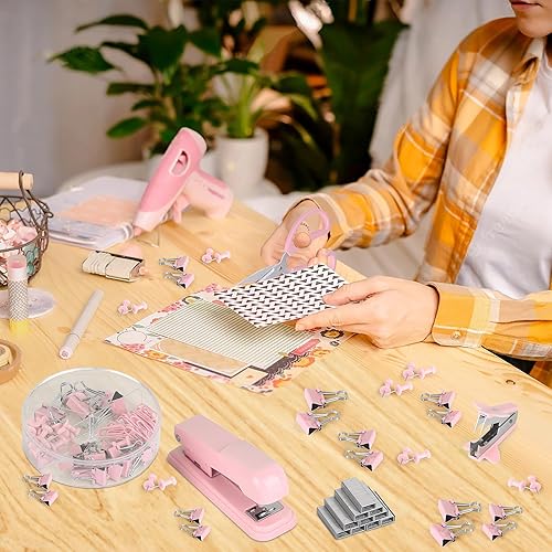 Miniatura 7 de Grapadora rosa, suministros de oficina rosa, juego de accesorios de escritorio para mujer con grapadora, removedor de grapas y 1000 grapas, clips,