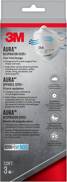 3M Aura Particulate Respirator 9205+ N95, Lightweight, Three Panel Designed Respirator Helps Provide Comfortable And Convenient Respiratory Protection, 3-Pack