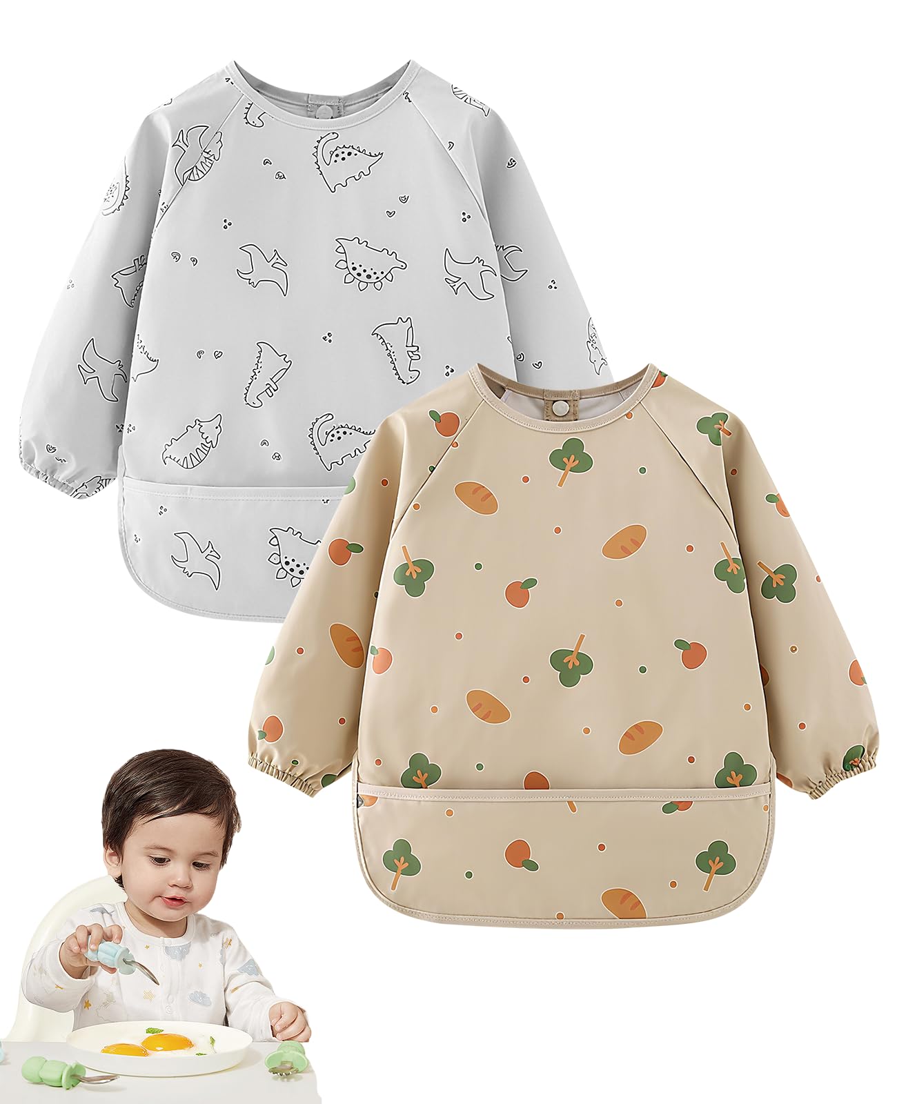 Zonoori Baby Lätzchen mit Ärmel, 2 Pcs PU Wasserdicht Ärmellätzchen, Babylätzchen mit Langen Ärmeln für 6-24 Monate