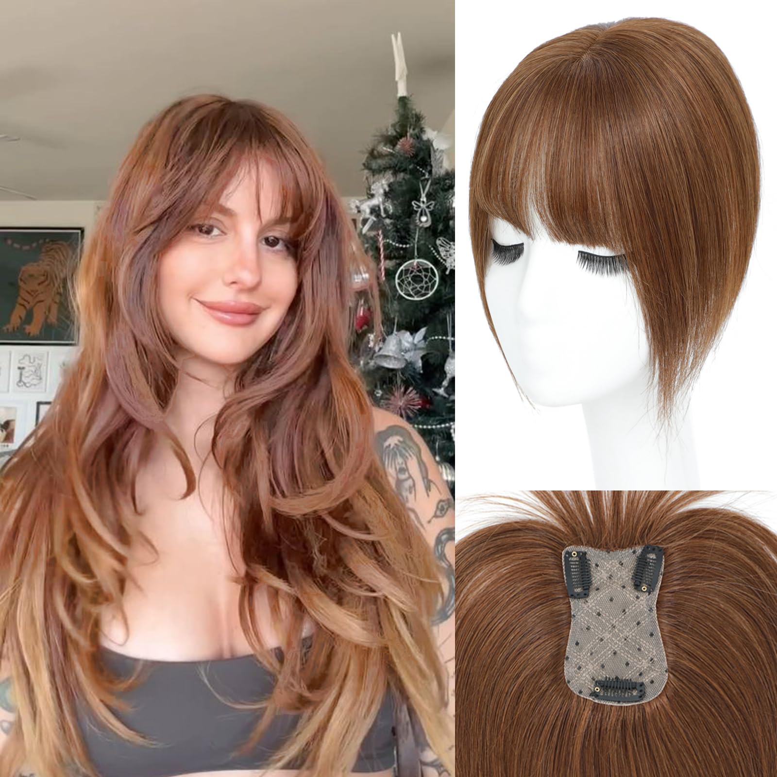 Hair Toppers for Women Real Human Hair， 360° 3D Cover Hair Topper Clip in Bangs 10 Inch Realistic Scalp Pieces for Women with Thinning Crown (Mocha Brown, Wispy Bangs)