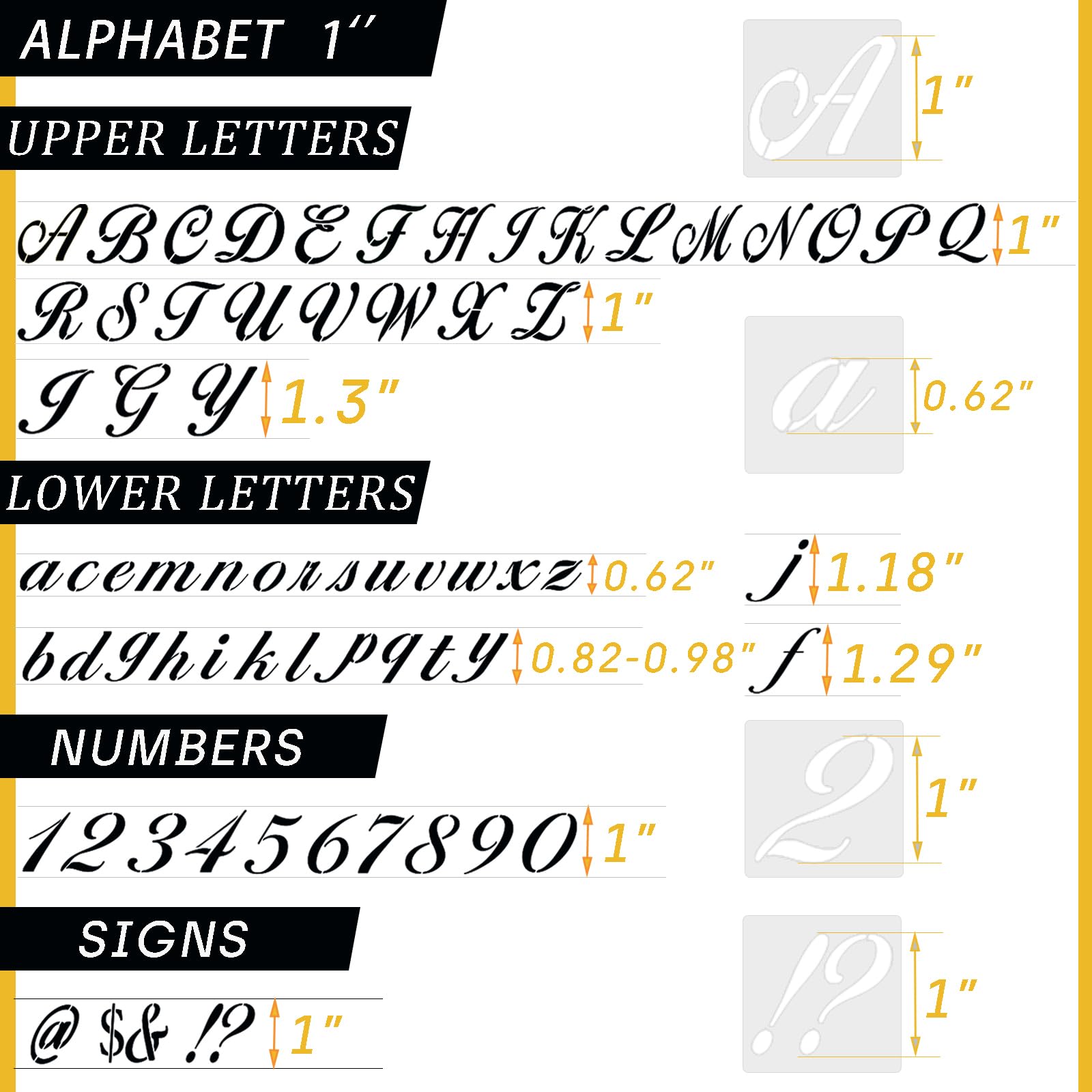 2,5 cm Buchstabensymbol-Schablonen zum Malen auf Holz, 65 Stück, Alphabet-Zeichenvorlagen mit Kalligraphie, großer Schrift und kursiven Buchstaben, Zahlen, Schilder, wiederverwendbare