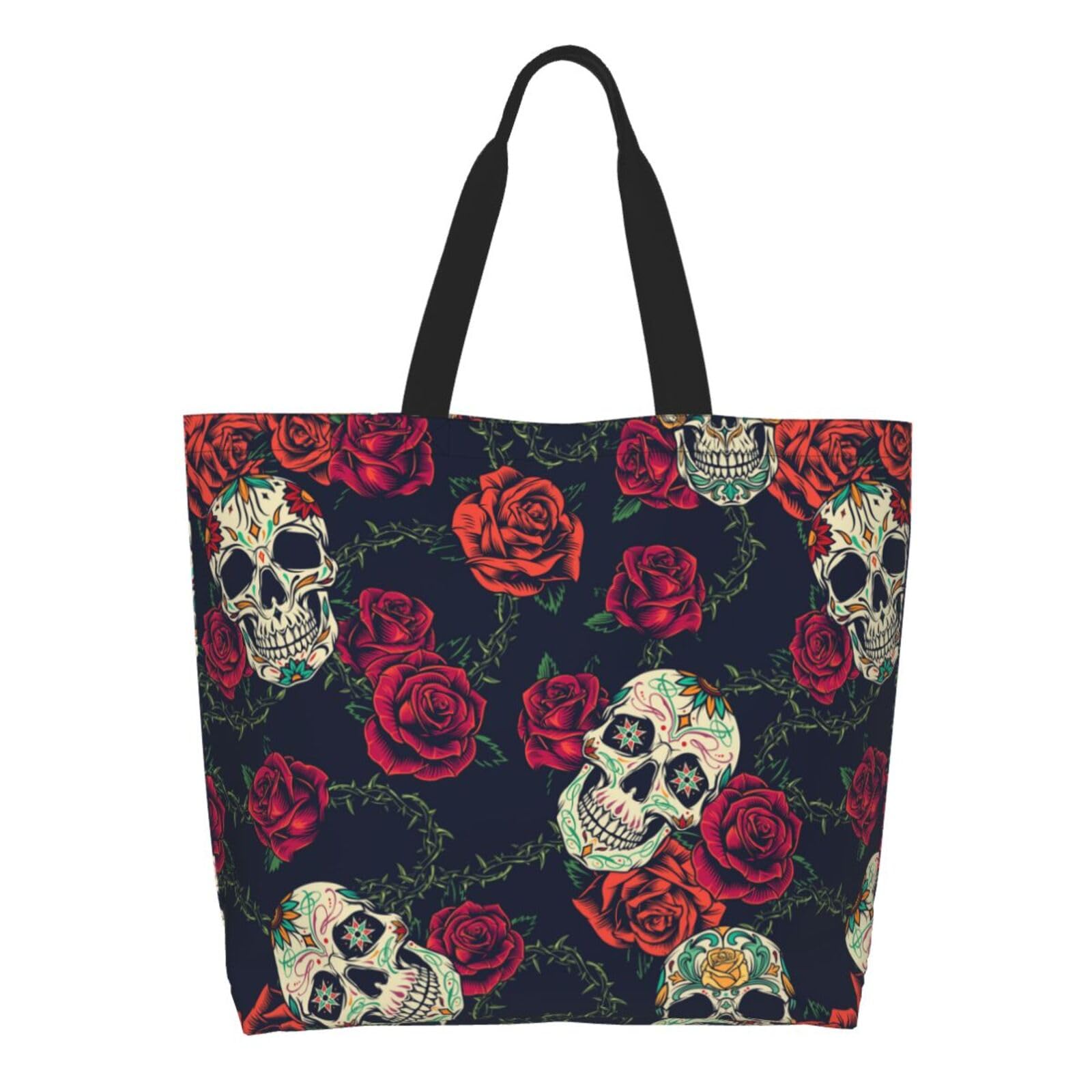 GVGOAGL Skull Rose Tote Bag For Women, Large Shoulder Bags Foldable Grocery Handbag For Travel Shopping Sport Picnic