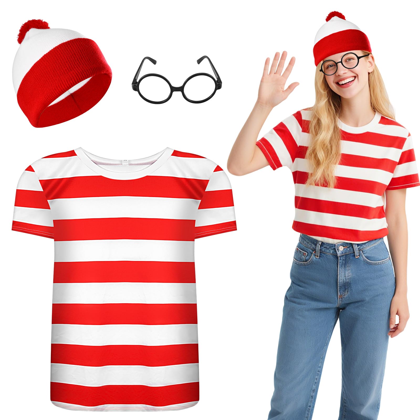 Sekepingo Wally Costume Set for Adult Kids,Red/White Striped World Book Day Cosplay Accessories Set, with T Shirt Socks Beanie Hat Glasses for Halloween Christmas Party School Dress up Day(M)