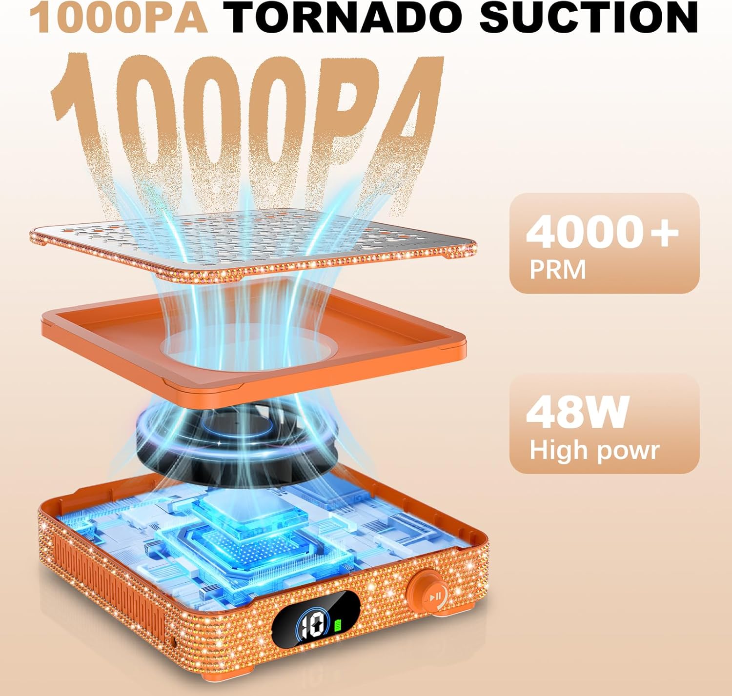 Nail Dust Collector | 1000PA Professional Nail Dust Collector | 10 Speed Levels| Low Noise & Strong Suction| Reusable Filter, 10 Pads + Nail Dust Brush| for Acrylic Nails, Salon & Home -Orange Diamond