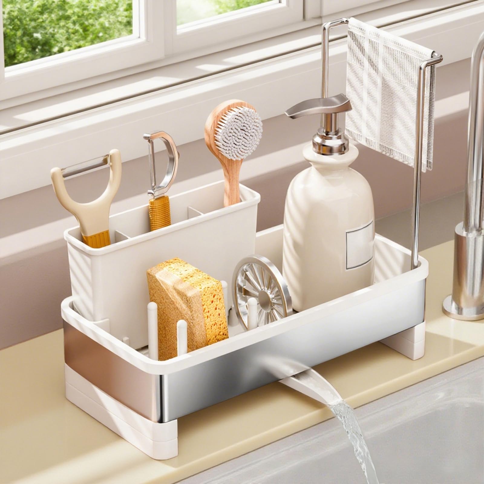 Stainless Steel Sponge Holder for Kitchen Sink, Self Draining Rustproof Sink Caddy with Brush and Dishcloth Rack, Holds Soap Dispenser, Kitchen Countertop Storage Organizer (White)