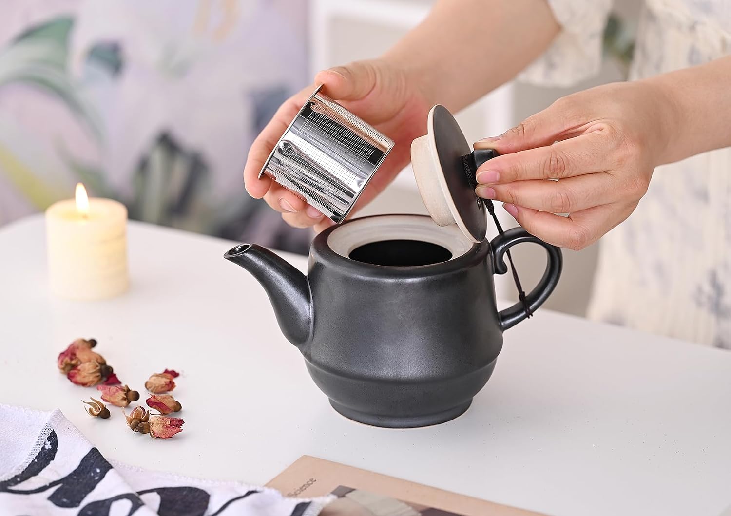 Rural Style Ceramic Teapot with Stainless Steel Infuser 16 OZ Black