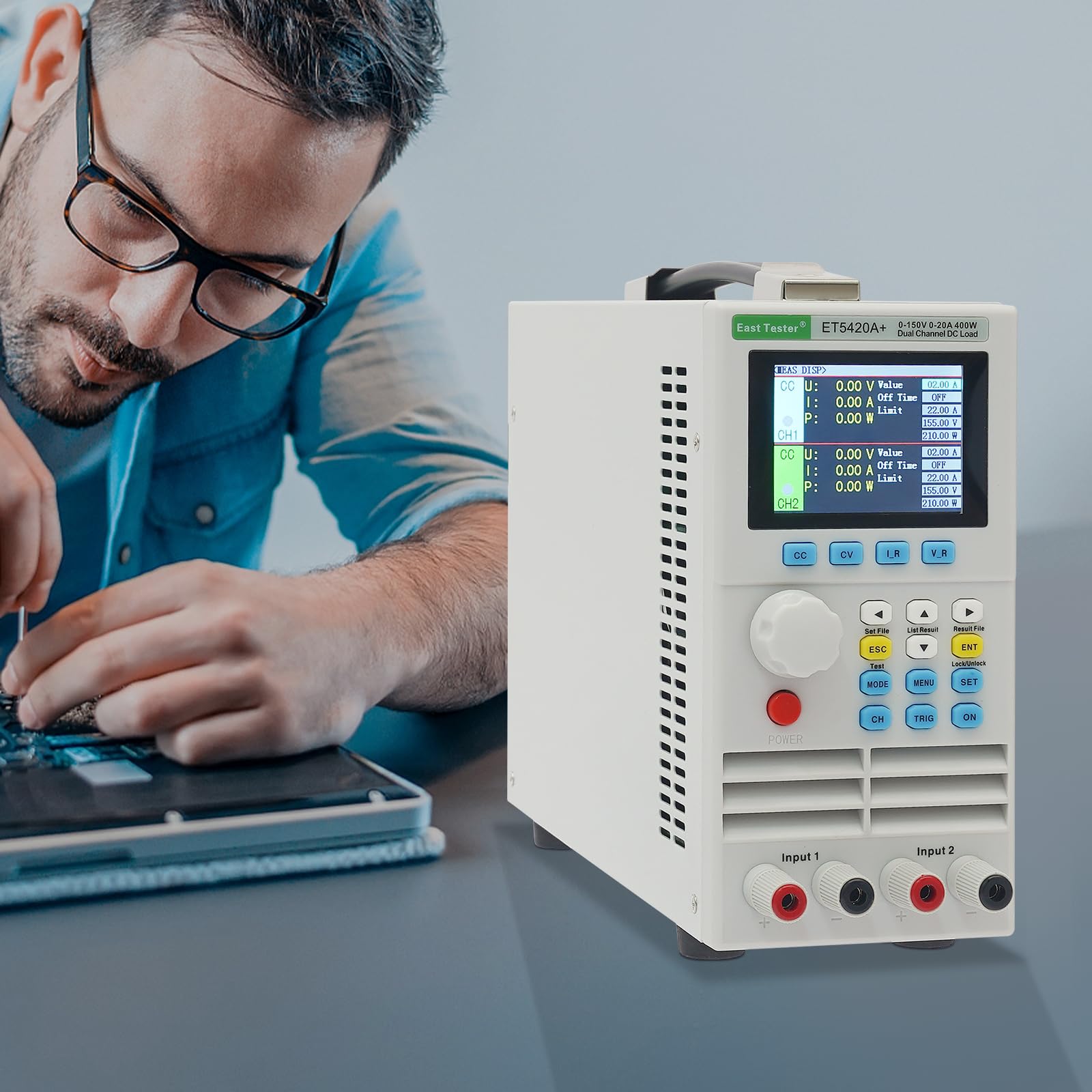 Elektronische Last 400W 0–150V 2x20A Programmierbarer Lasttester mit zwei Kanälen DC Labor-Last mit CC/CV/CR/CP USB, für Netzteile und LED-Test, 31x9x19cm