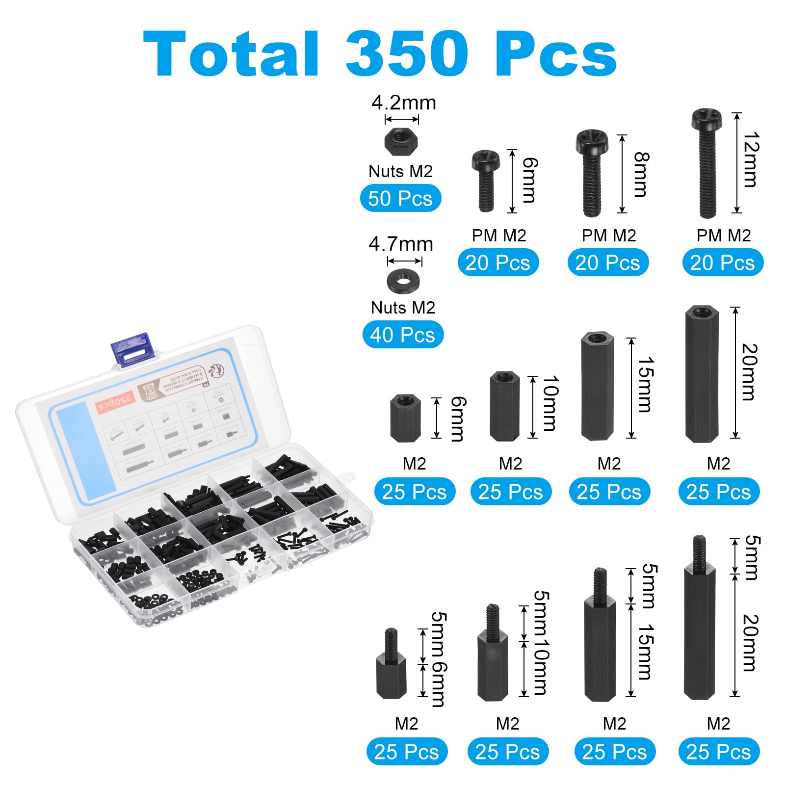 PATIKIL M2 Male Female Nylon Hex Spacer Standoff Kit, 350Pcs Motherboard Standoffs Assortment Kit, Electrical Outlet Spacers - Image 2