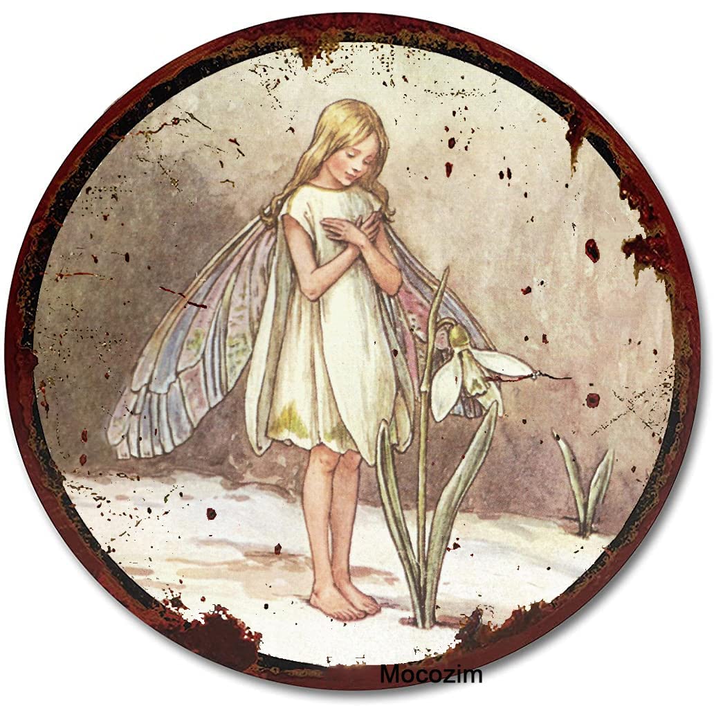 Rustic Retro Round Metal Tin Sign The Snowdrop Fairy Cicely Mary Barker Flower Fairies Vintage Wall Art Nursery Decor Fairy Print Home Decor Novelty Bedroom Courtyard Decoration Sign 12x12 Inch