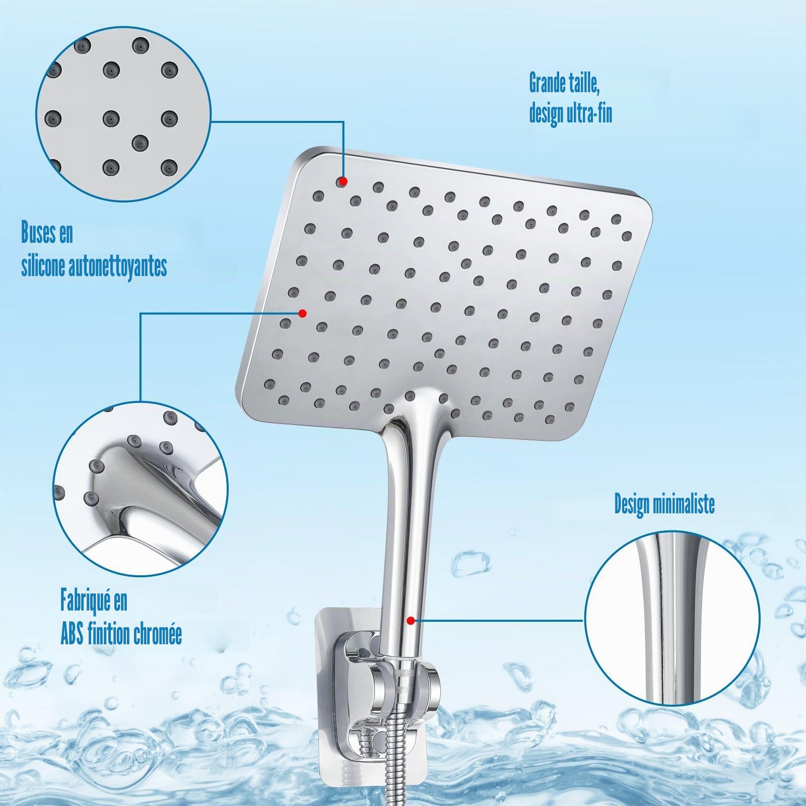 Grande Douchette À Main, Douches À Main Haute Pression Voolan, Douche À Effet Pluie Chromée de 25cm Suffisante pour Couvrir Tout le Corps, Carrée
