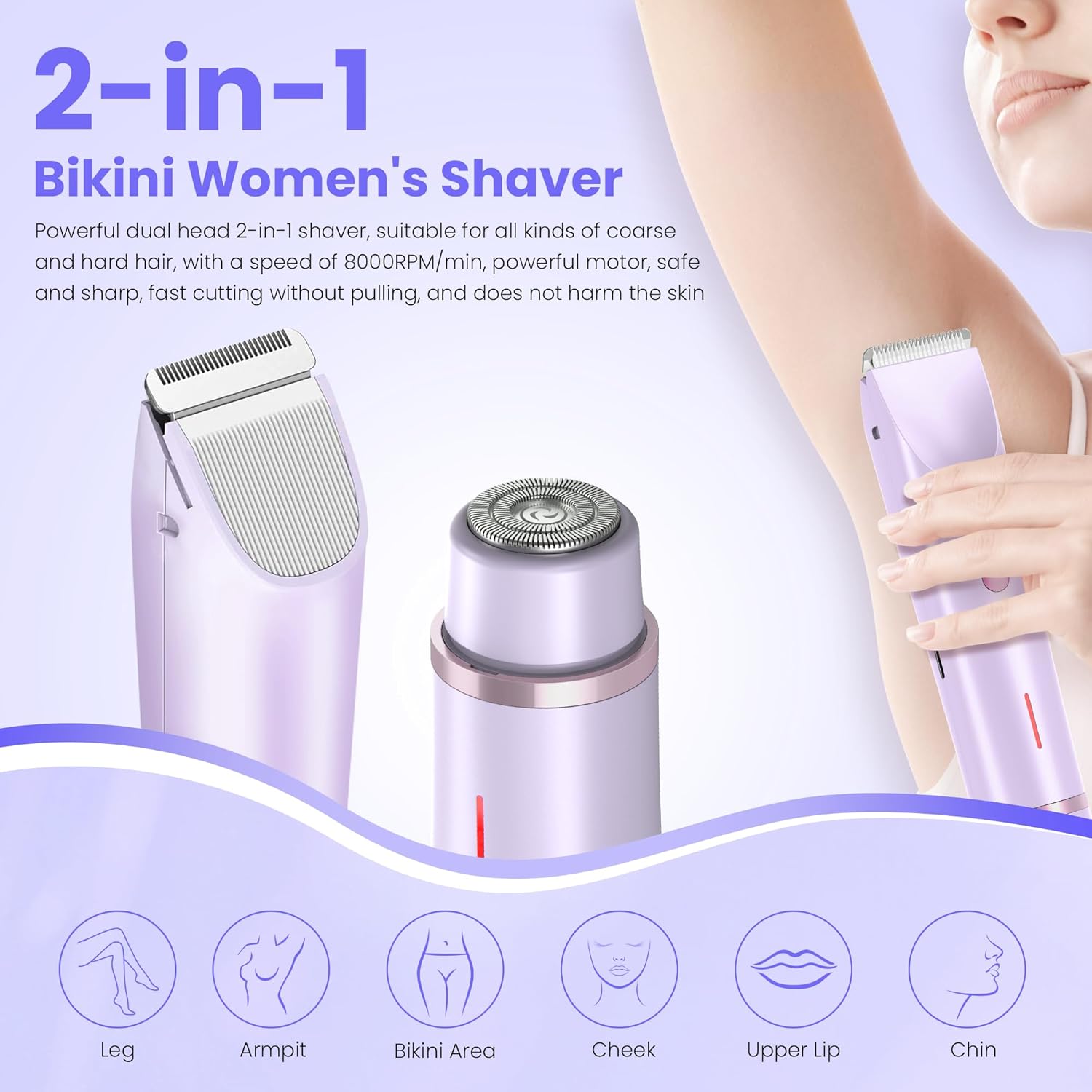Bikini Trimmer for Women-2 in 1 Dual Head Electric Razors,IPX7 Waterproof Bikini Electric Shaver,Dry & Wet Use Painless Bikini Shaver,Pubic Hair Trimmer for Private Area & Body Hair,Purple - Image 2