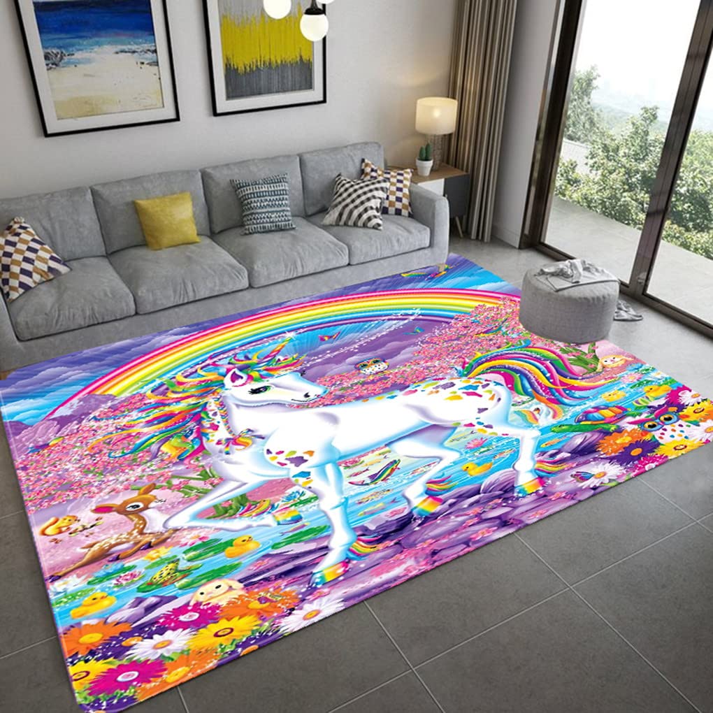 Alfombras De Dormitorio Para Niñas 3D Unicornio Dibujos Animados Carpet Grande Jugar En La Habitación Los Niños Franela Rugs Caballo Arcoiris Decoración de la Sala de Estar (80x160 cm, Colorido 1)