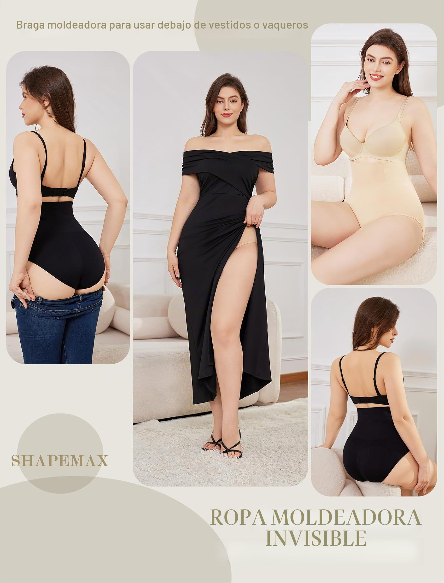 Fajas Reductoras Mujer Bragas Postparto, Faja Moldeadora y Reductora Cintura Alta Invisible Sin Costuras, Control Abdomen y Levantamiento de Glúteos Recuperación Postparto Beige L