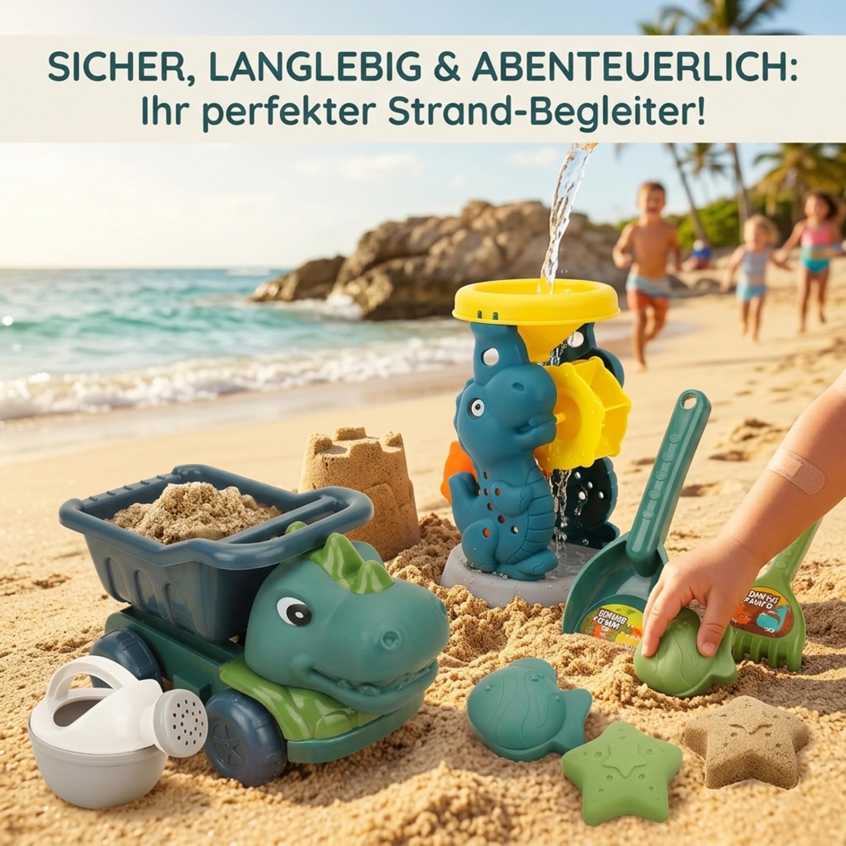Sandstrandspielzeug, Dinosaurier-Sandspielzeug, Dinosaurier-Strandspielzeug-Set, 7-teilig mit LKW, Sanduhr, Schaufeln und Formen für Kinder zum Spielen im Freien