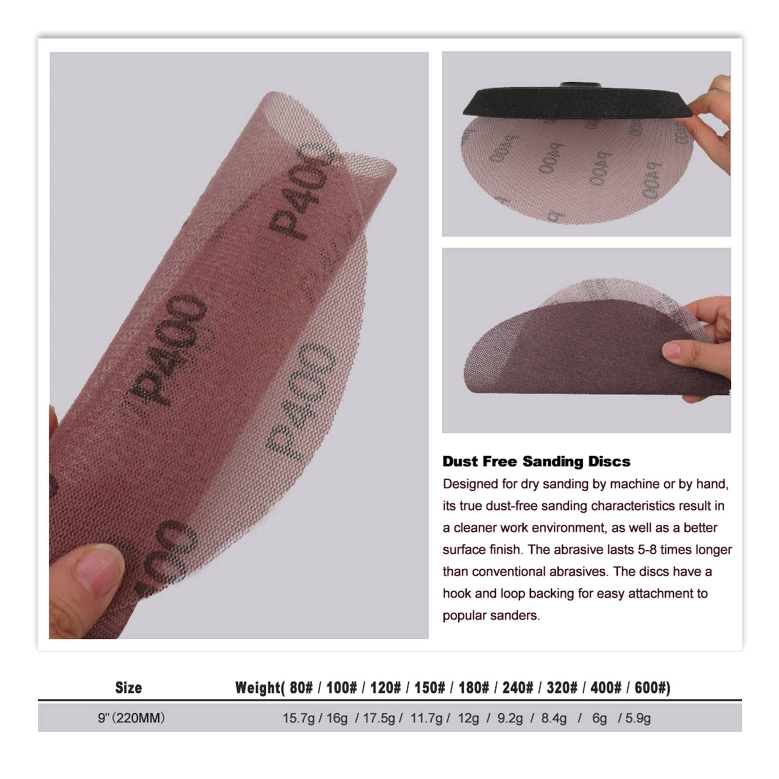 Papel de lija abrasivo ZSBLXHHJD 9 "Rueda de malla 220mm Papel de lija Alumina 80-600 Grit Shackle Dust Free for pintura automática Finishing Drywall Sander (Color : 400 Grit, Model : 5 Pcs)