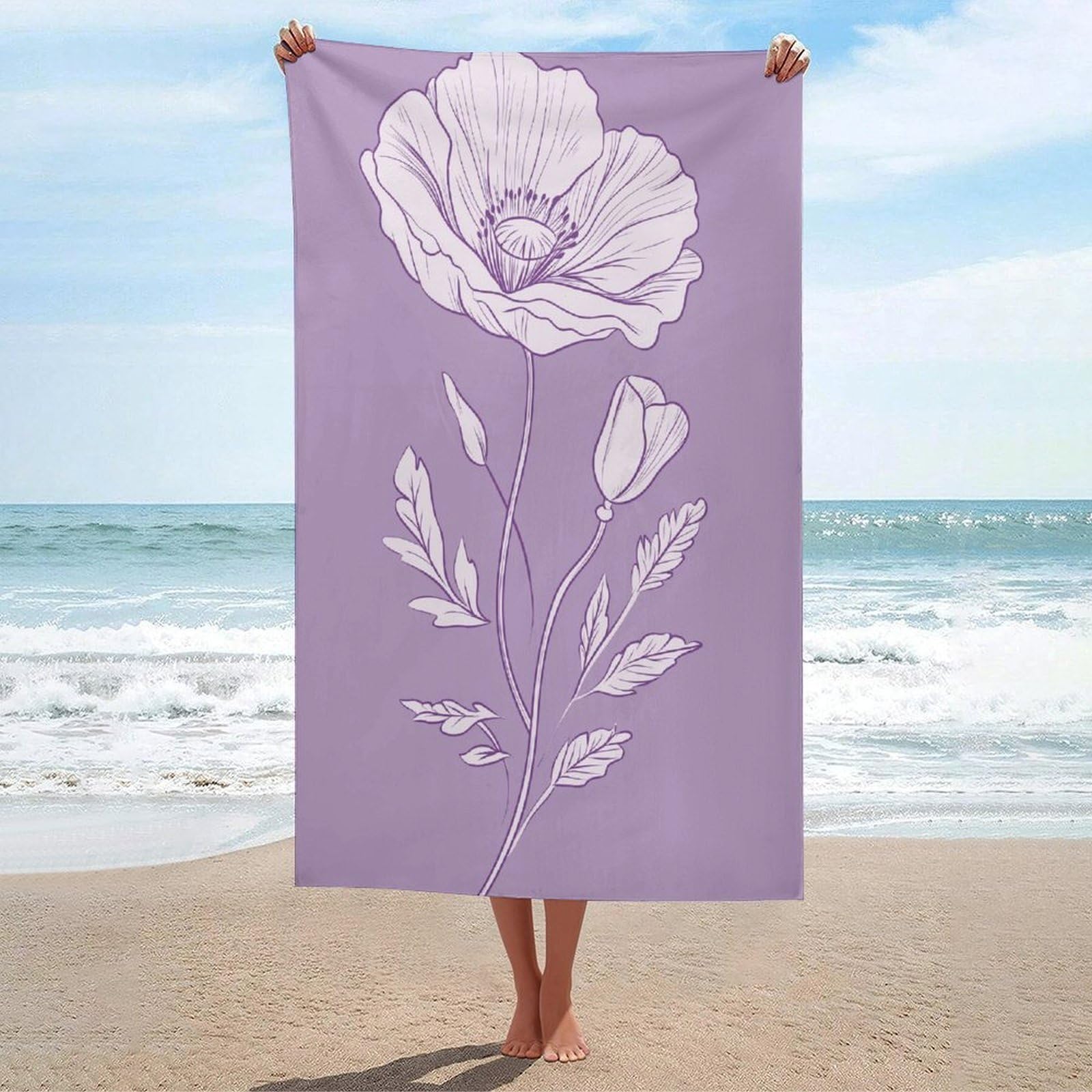 LSRCPD Poppy Flower on Purple Beach Towel Sand Free Microfiber Large Shower Towels Multipurpose Absorbent for Bathroom Pool 130x80 CM