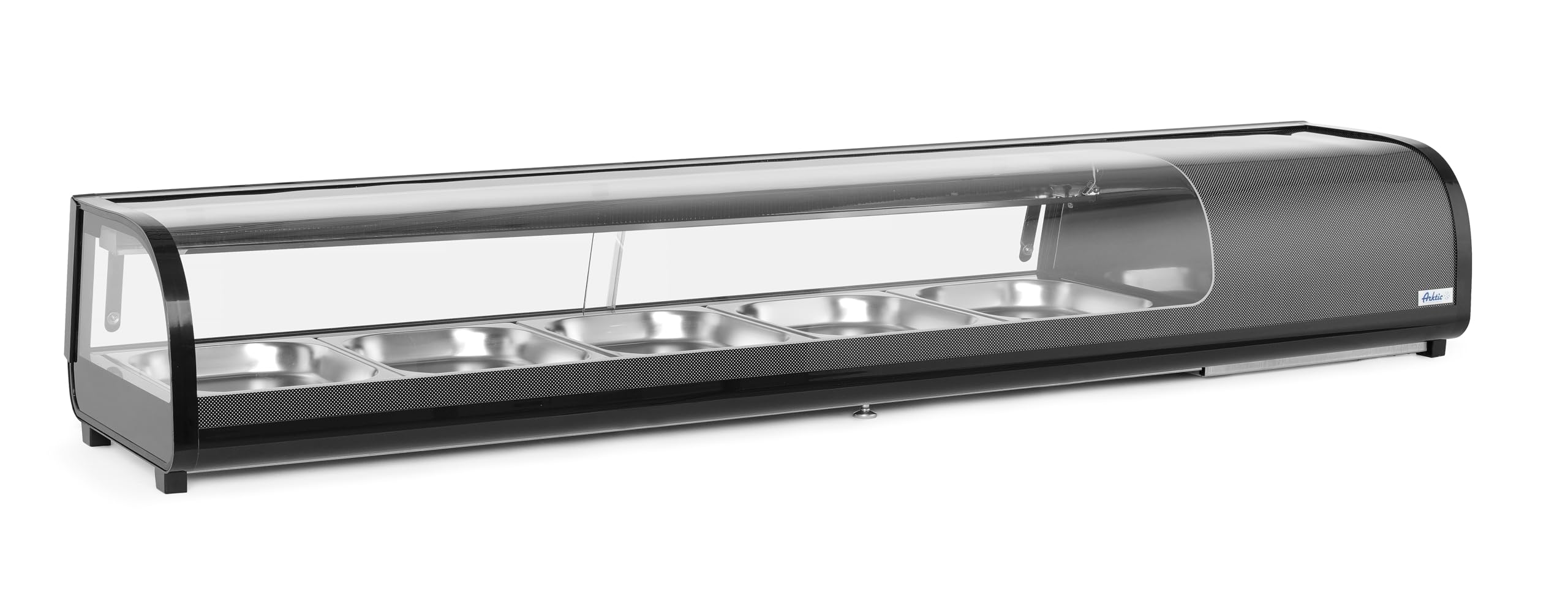 HENDI Sushi-Kühlvitrine, Arktic, mit 5x GN1/2 Behälter, Temperaturbereich: 0° bis 12°C, LED-Beleuchtung, Sushi-Kühlschrank, 230V/190W, 1800x420x(H)265mm, Edelstahl, ABS, Glas, schwarz