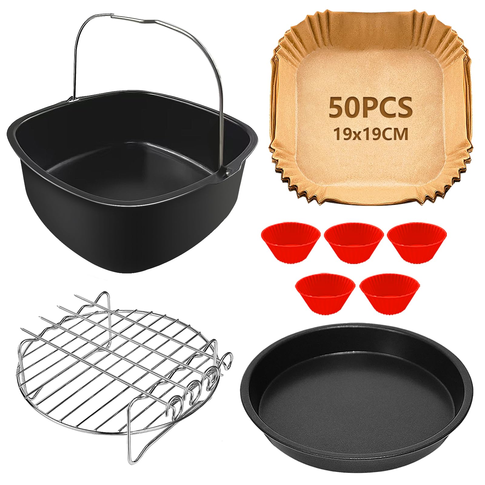 YINGRACE 21 CM Accesorios Freidora de Aire Compatibles para COSORI 4,7L, Cecotec 5,5L, Moulinex 5L, Philips Airfryer XL 6,2L, sin BPA Cuadrado Air Fryer Accesorios XL 5PCS con Papel Freidora Aire