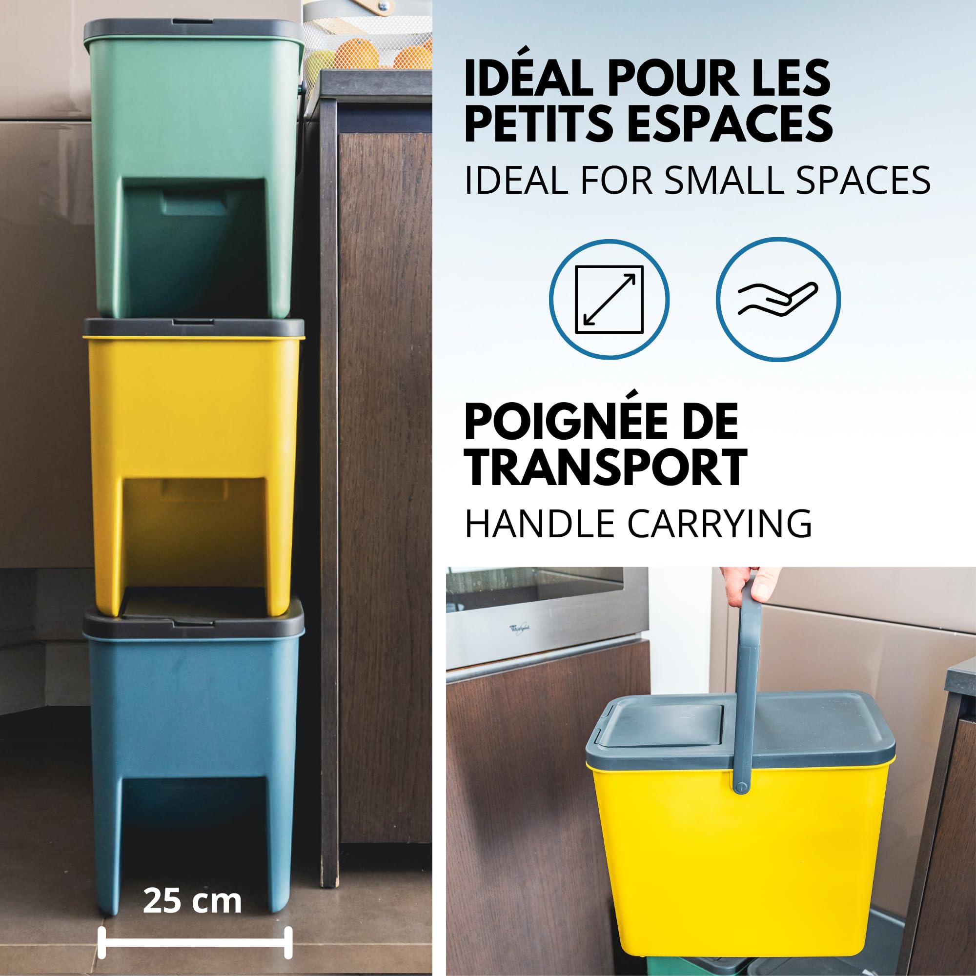 KITCHEN MOVE Bergen - Juego de 3 cubos apilables de 20L para reciclaje – 80L – Papelera de clasificación selectiva de plástico, colores amarillo, azul, verde y gris