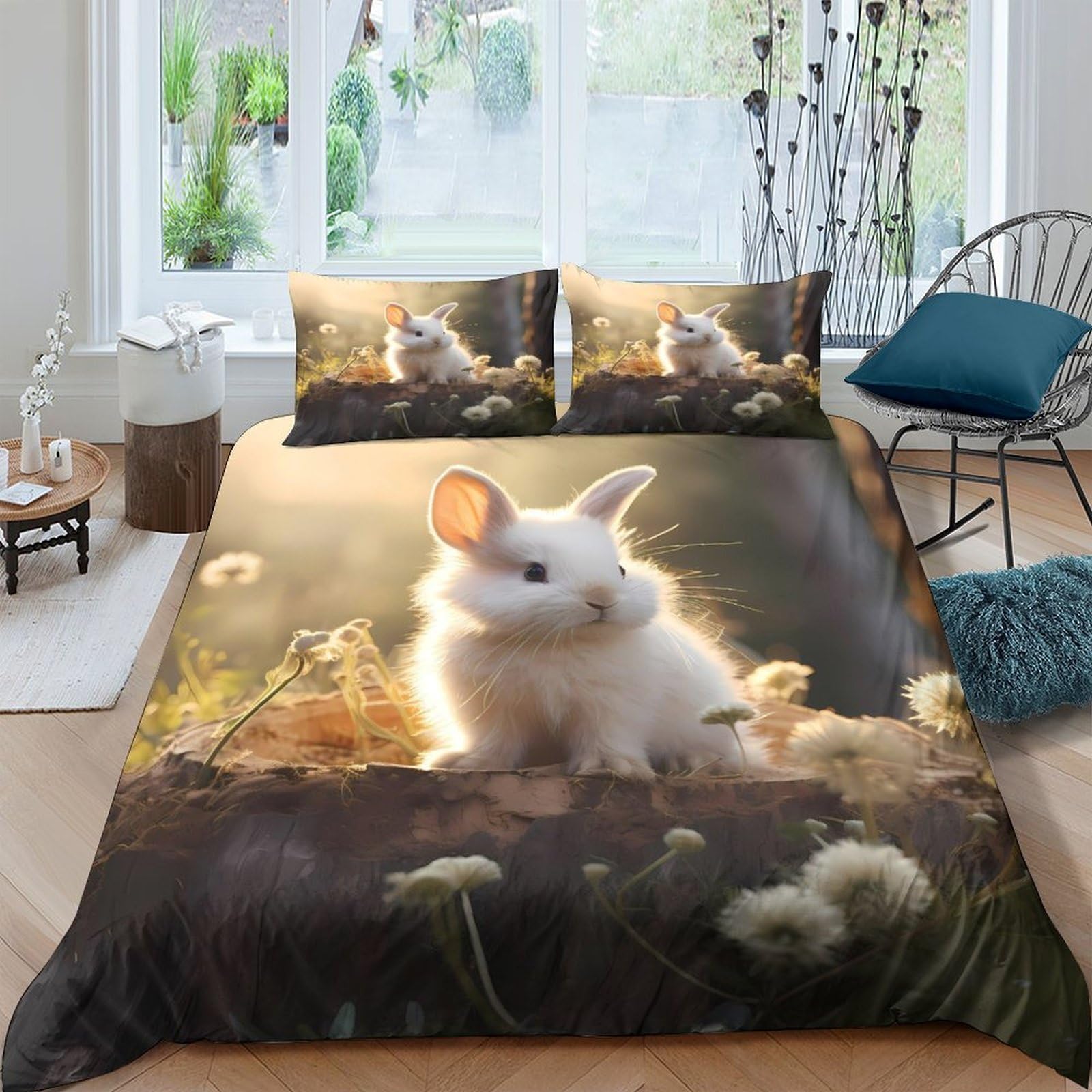 Ctjqhvkz Style-9 3D Printed White Bunny Meadow Fitted Sheet Microfiber Soft Spring Flowers Bed Cover For Bedroom Guest Room Single（135X200cm）