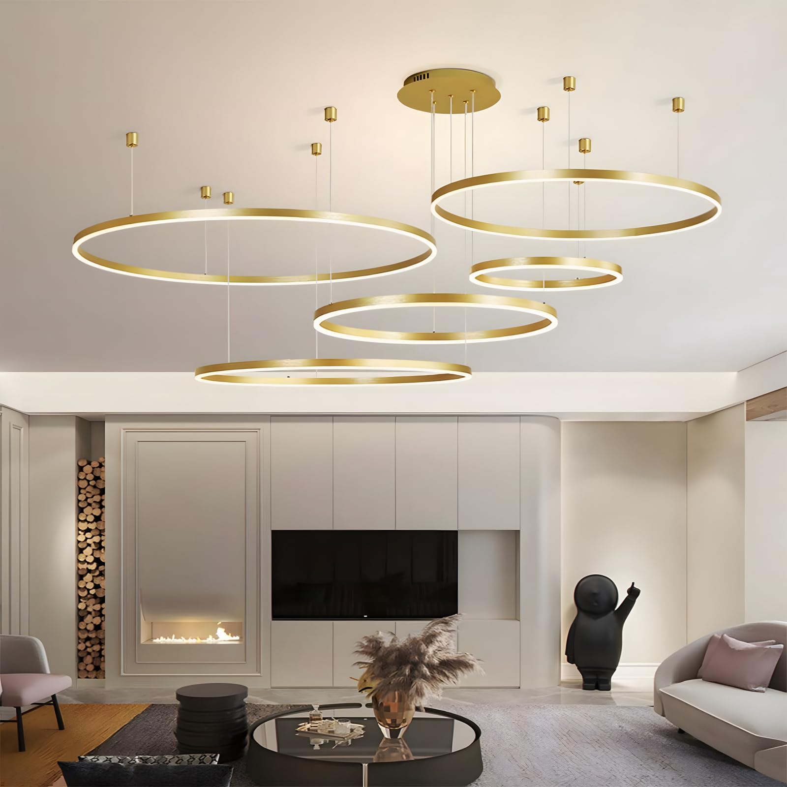 Metall LED Kronleuchter | 5 Kreise 20+40+60+80+100cm | 130W Rings Deckenhängelampe, Dimmbare Fernbedienung 3000–6000K, Acryl Schirm Pendelleuchte, Wohnzimmer Schlafzimmer Esszimmer【Gold】