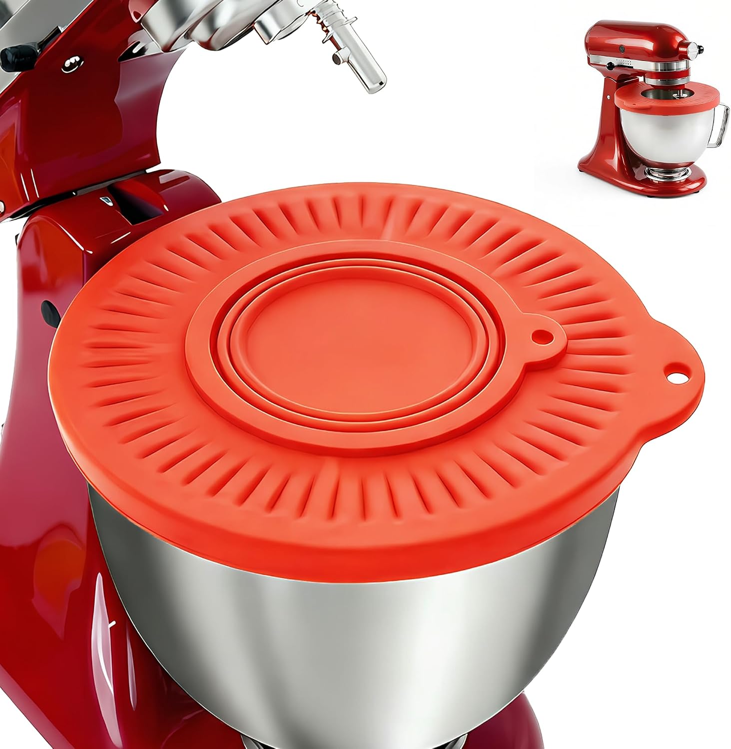 Silicone Mixer Bowl Cover Compatible with KitchenAid 4.5-5 Quart Tilt-Head Stand Mixer, with 300ML Measuring Scale Collapsible Bowl, Ultra-Soft Flexible Lid, Splash Guard & Dust Cover, Red