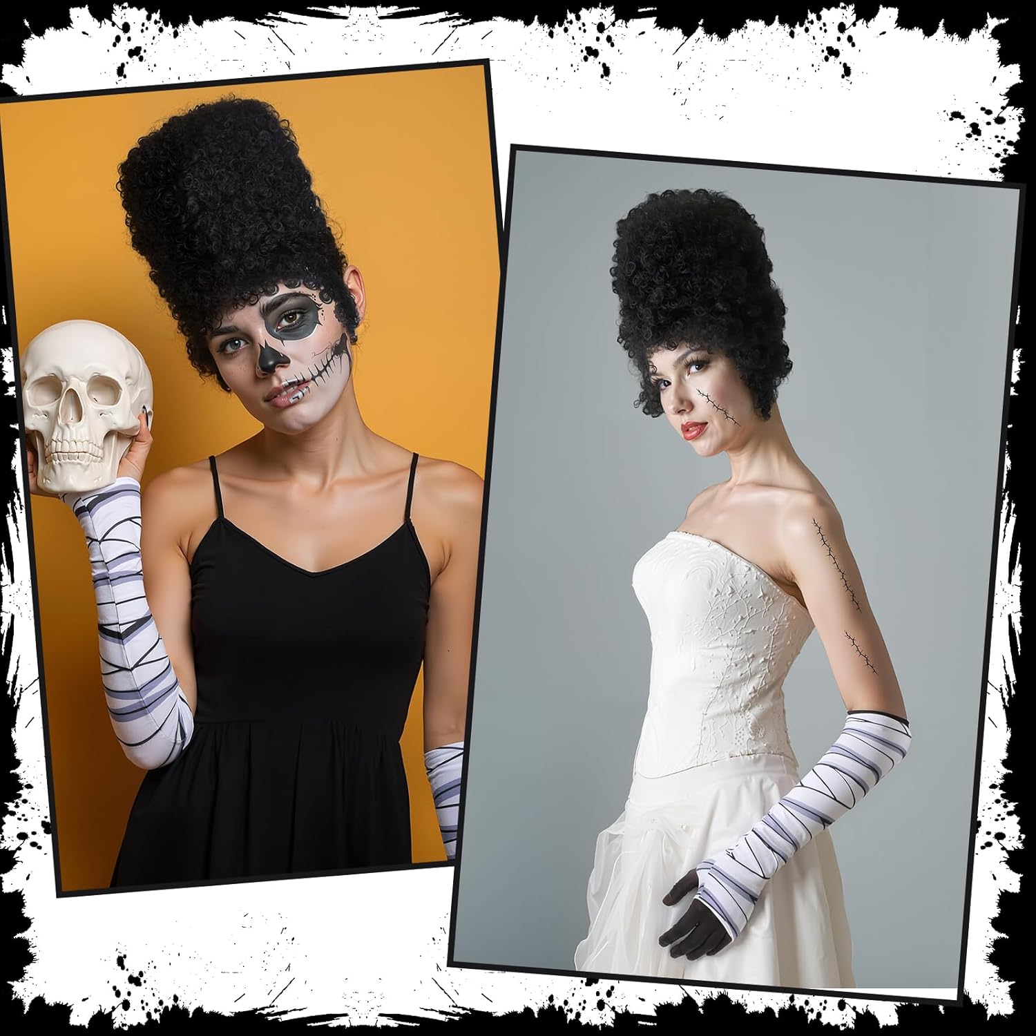 7 Pcs Halloween Bride Costume Accessories for Women Mummy Wrap Arm Sleeves Scars Stickers Bride Costume Wig for Halloween Dress Up Supply White and Black - Image 6