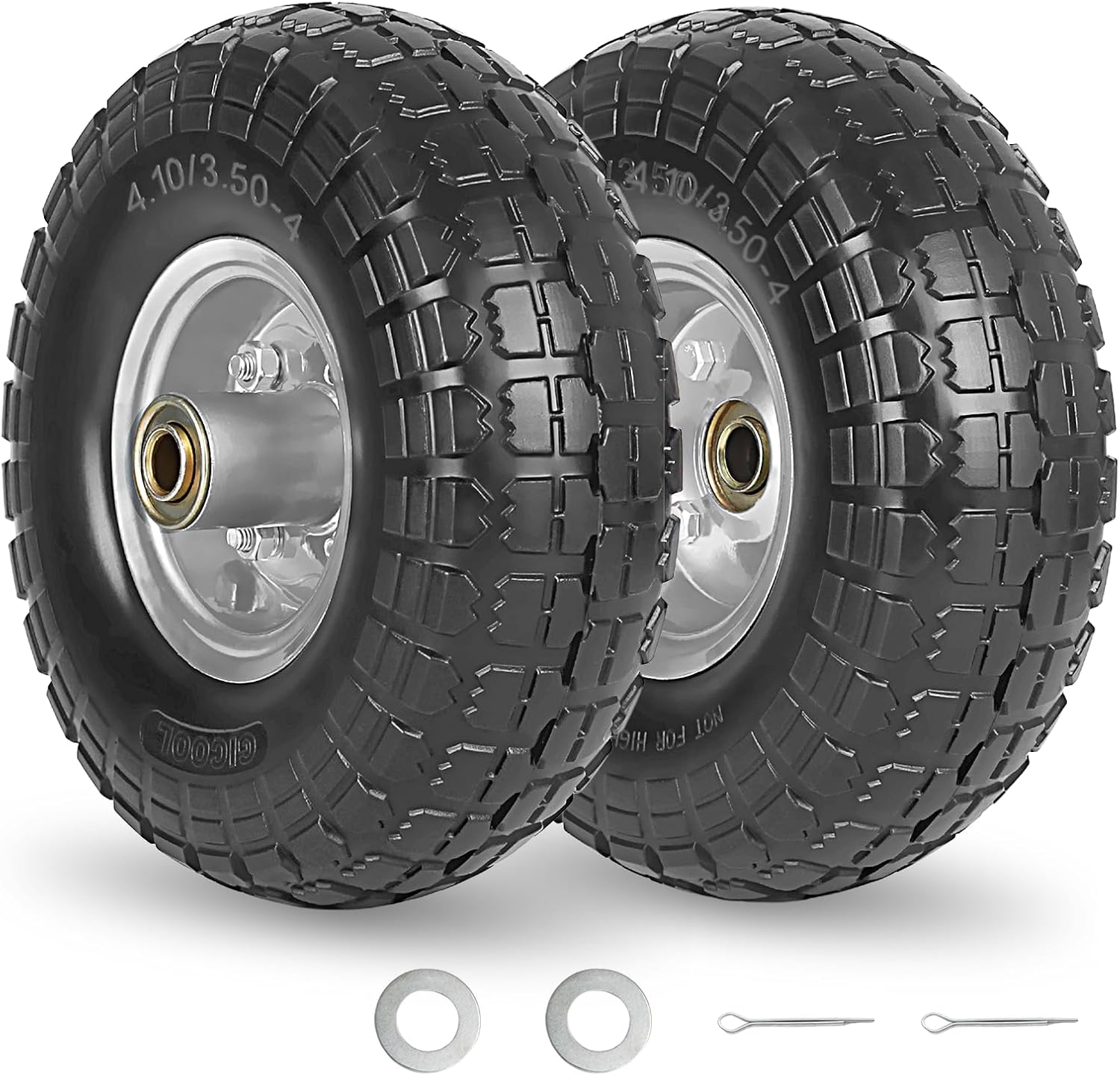 4.10/3.50-4" Flat Free Tire and Wheel, 10" Heavy Duty Solid Tire, 5/8" Axle Bore Hole, 2.2" Offset Hub, for Hand Truck Garden Cart Wagon Trolley Dolly, 2 Pack