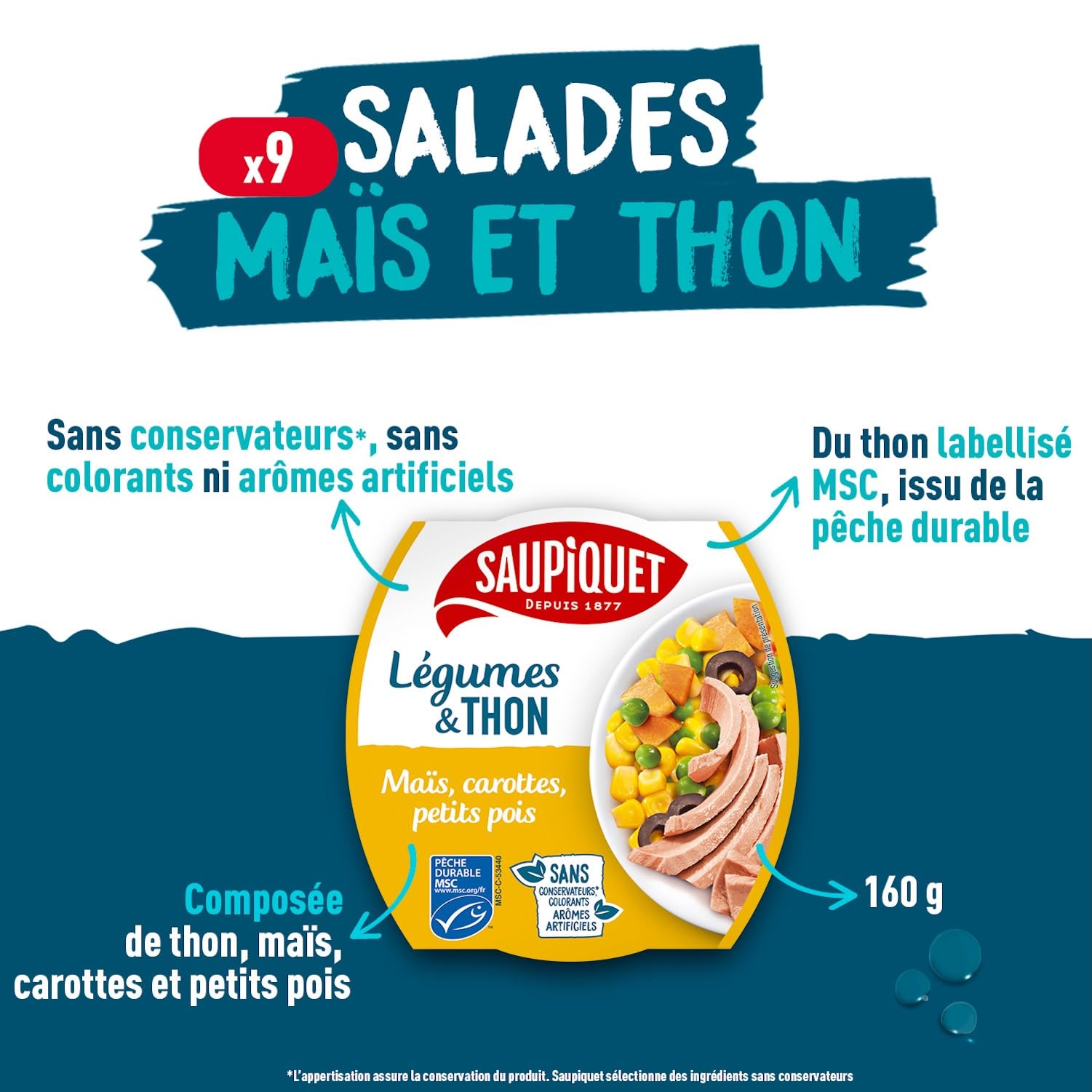 SAUPIQUET - Légumes & Thon - Maïs, Carottes, Petits Pois - Salade Prête à Consommer - Température Ambiante - Idéal Pique-Nique - Poisson Issu Pêche Traçabilité Garantie - 9 Conserves (160 g)