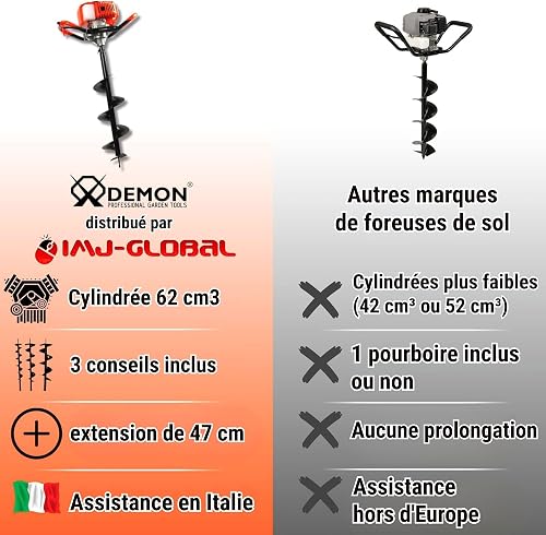 IMJ-Global - Tariere Thermique 2 Temps 62cc - 5,2 CV, Mélange Essence/Huile, Tarière Thermique Professionnelle pour le Jardin et le Terrain, avec 3 Embouts de Ø 100 mm, 150 mm et 200 mm - 5