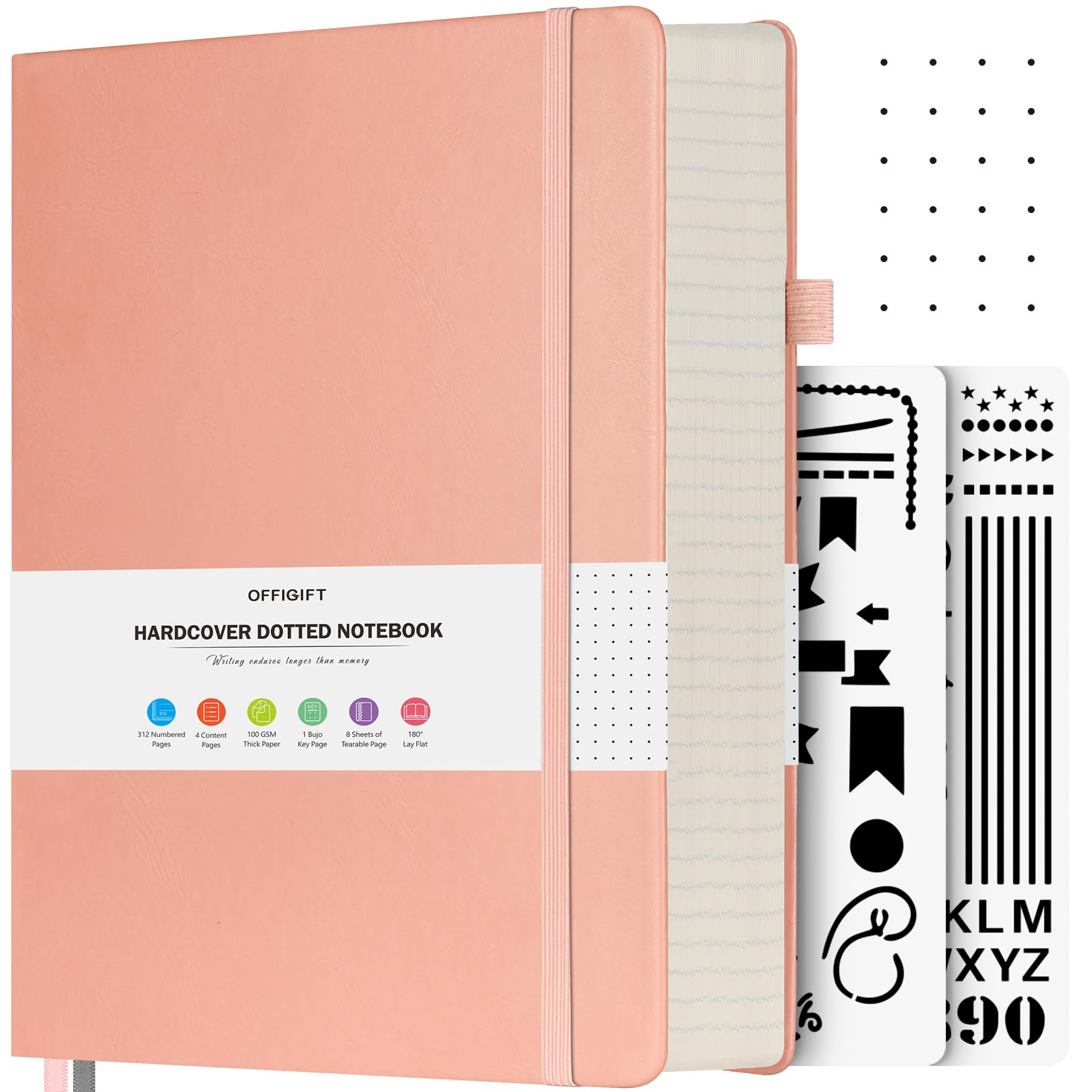 OFFIGIFT Dotted Notebook, 312 Numbered Pages Large B5 Hardback Leather Notebook, 100gsm No Bleed Paper Dot Grid Notebook with Index Pages, Dotted Journal for Bullet Journaling, 19.3 x 26.4cm, Pink