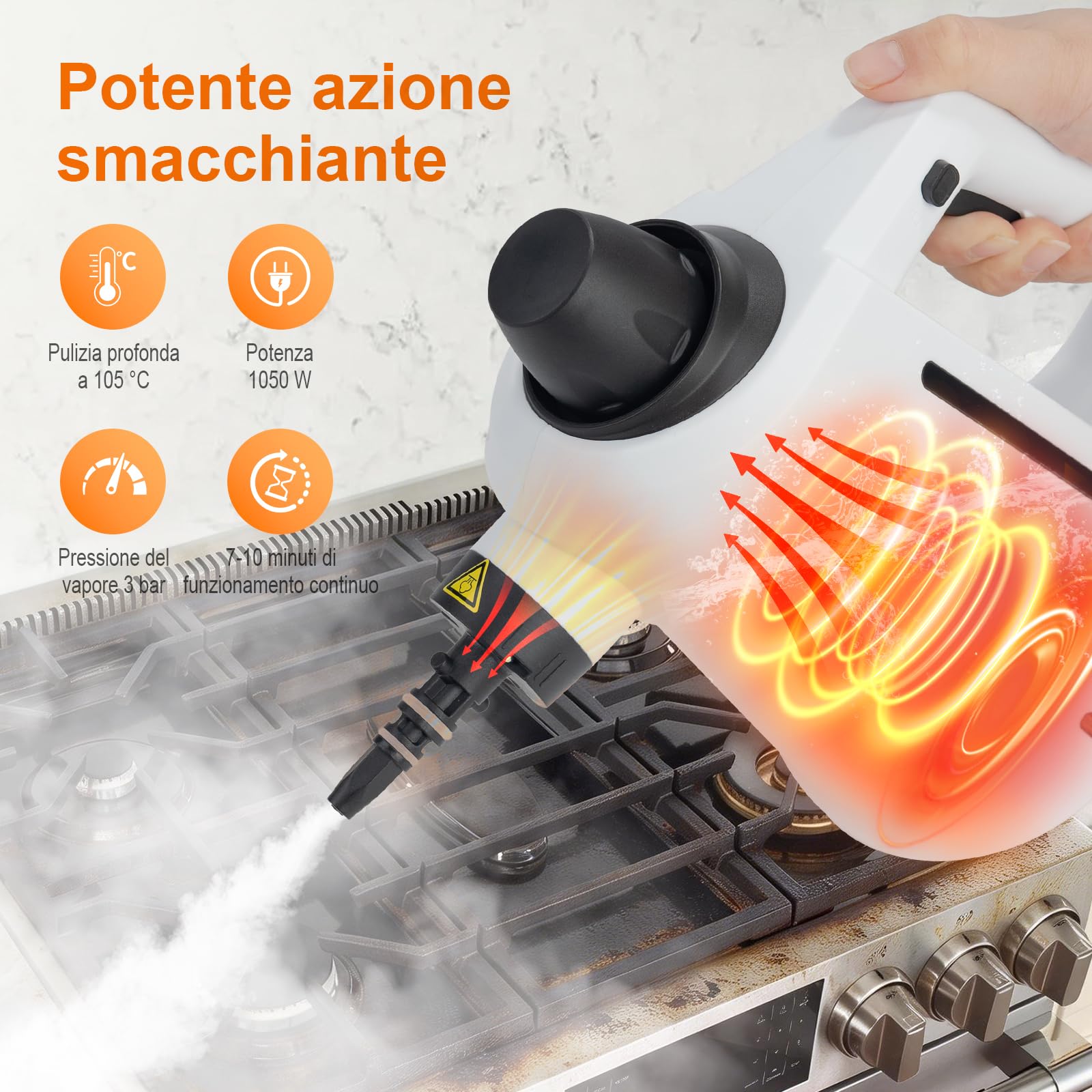 Ibergrif Pulitore a Vapore Portatile, Pistola a Vapore 1050W con 12 Accessori, 3 Bar Alta Pressione, Soluzione Naturale Senza Additivi, per Divani, Cucina, Fughe e Vetri, 350ml, Bianco